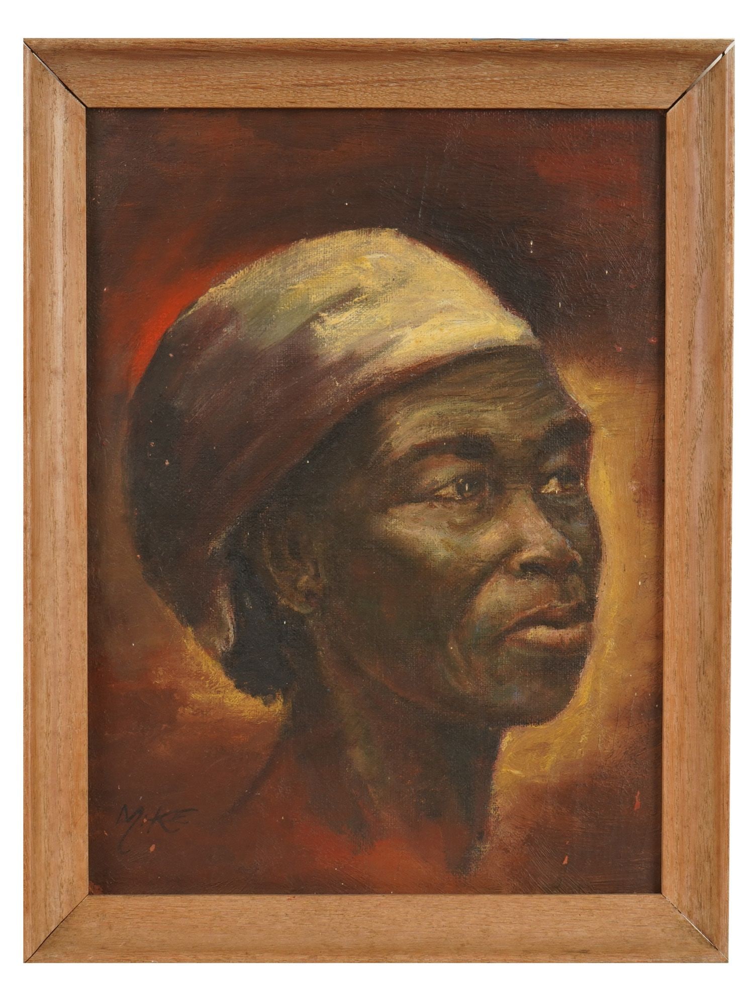 AMERICAN SCHOOL PORTRAIT OIL PAINTING SIGNED BY ARTIST: A Modernist American School oil painting on board depicting a portrait of an African woman. Signed by the artist, Mike, lower left. Framed. Modernist and Contemporary Fine Art, Female Portrait Oil Pai