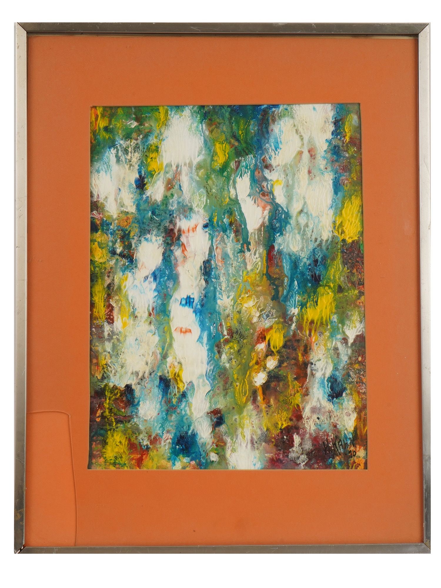 AMERICAN ABSTRACT ACRYLIC PAINTING SIGNED H. KAHN: An acrylic painting signed H. Kahn and dated 1970 lower right, featuring heavily textured impasto with vertical dripping bands of white, deep teal-blue, bright yellow, and touches of red. The dynamic 