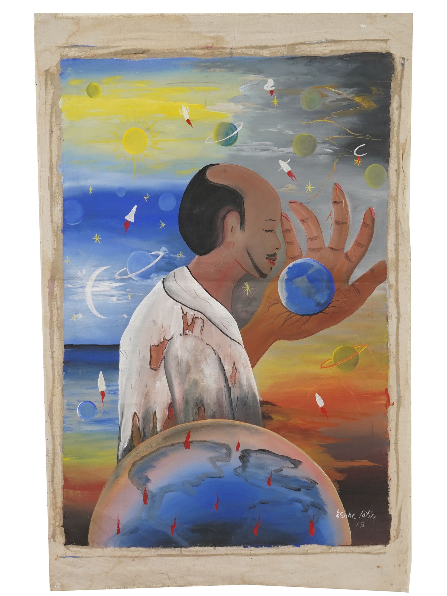 AFRICAN GHANA OIL SURREALIST PAINTING BY ISAAC LOTITI: An African from Ghana oil on canvas painting by Isaac Lotiti. The painting features a surrealist composition centered on a male figure in profile holding a miniature globe against a celestial, multifa