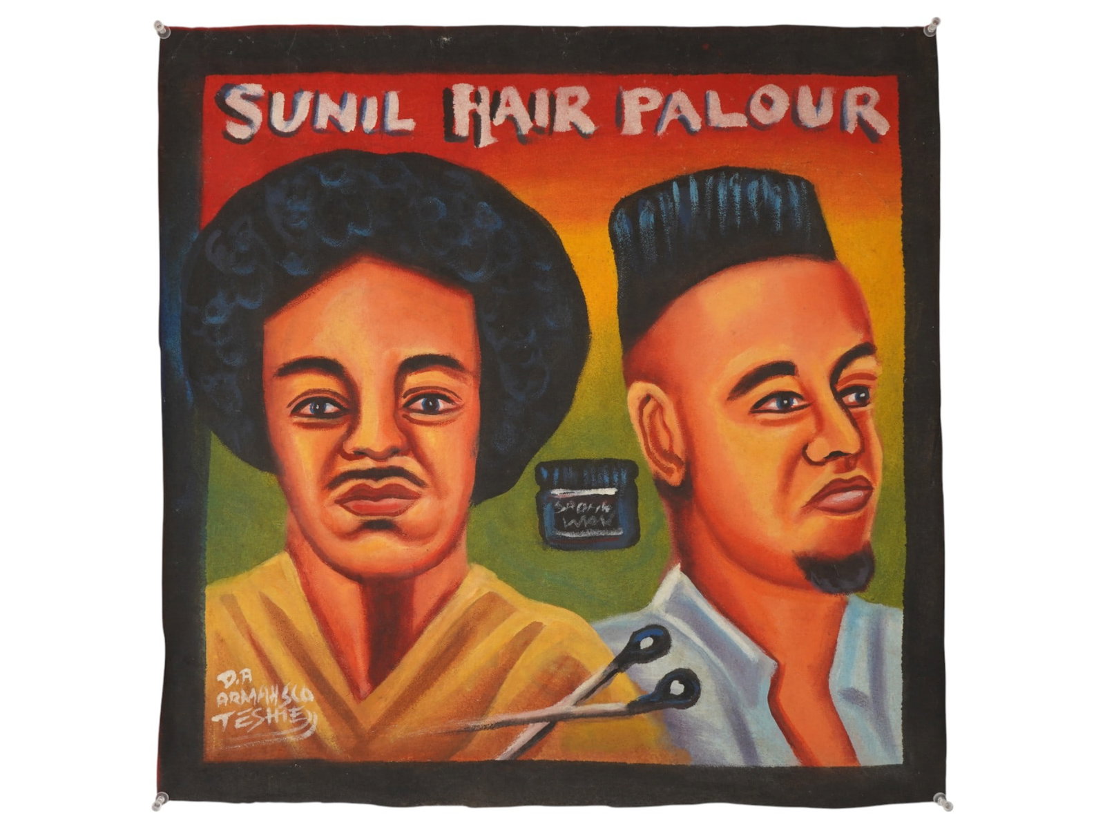 GHANAIAN OIL PAINTING BARBERSHOP SIGN BY ARMAHSCO: An original oil painting on a flour bag barbershop sign from Ghana. Signed D. A. Armahsco Teshie, lower left. Inscribed upper. The painting features two stylized portraits of men with haircuts. D.A. A