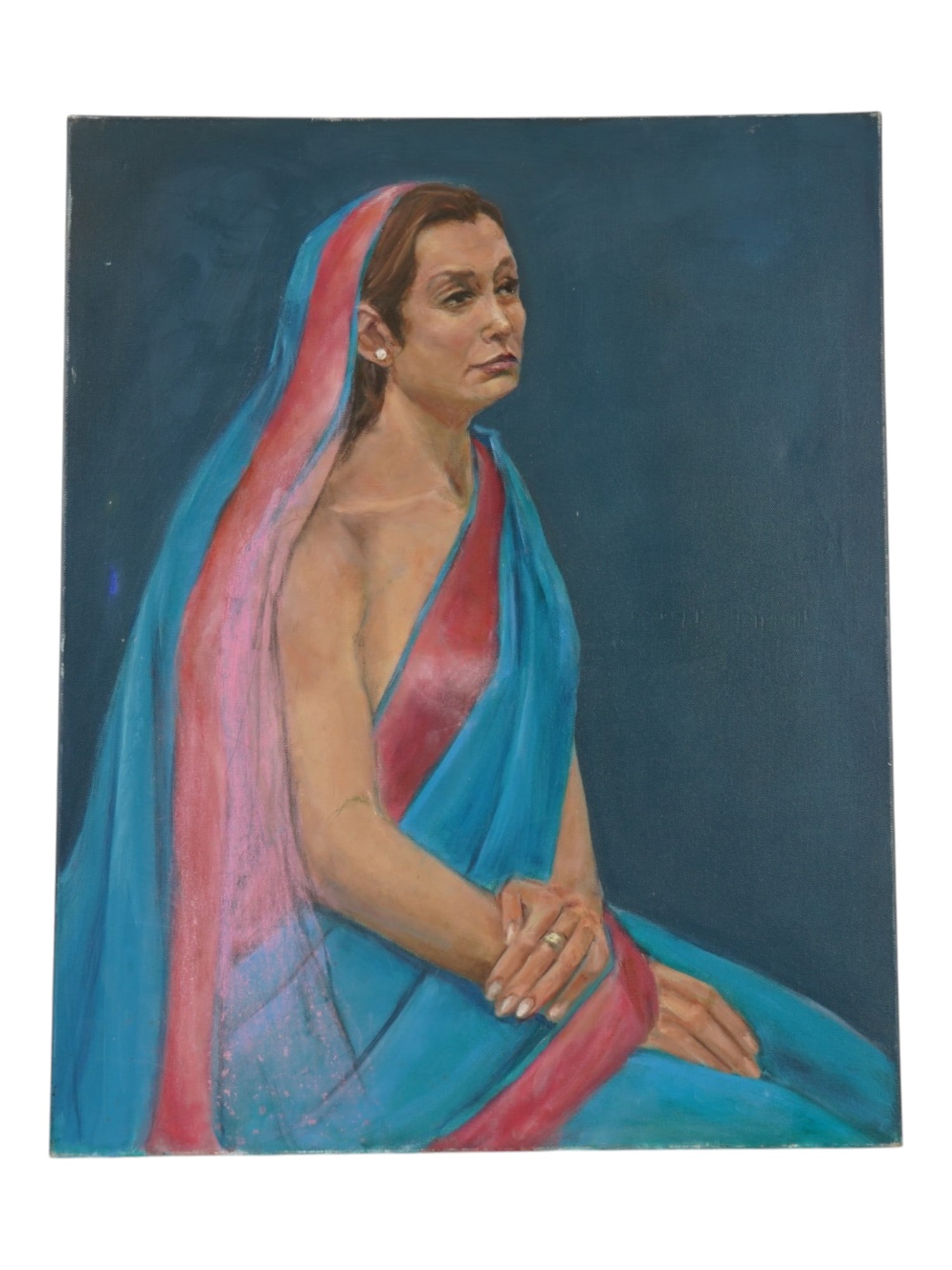 FEMALE PORTRAIT OIL PAINTING SIGNED PENNY PURPURA: A Modernist oil painting on canvas depicting a portrait of a woman. Inscribed, Penny Purpura, on the backside. Penny Purpura is an American painter active during the 20th and 21st centuries, recognize
