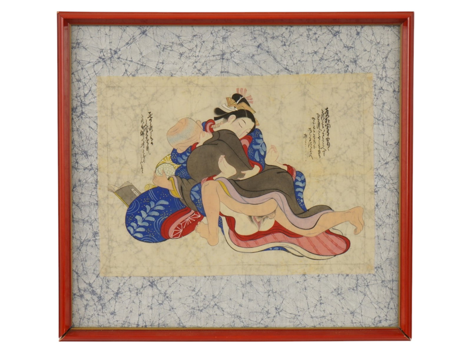 JAPANESE SHUNGA EROTIC GOUACHE PAINTING ON SILK: A Japanese Shunga gouache painting on silk depicting an erotic scene with a couple in traditional patterned kimono. The composition includes vertical columns of calligraphic inscriptions in cursive sc