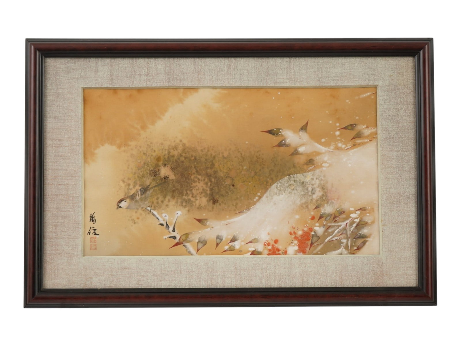 JAPANESE BIRD WATERCOLOR PAINTING ON SILK SIGNED: A Japanese watercolor painting on silk in the traditional Japanese style of kacho ga, flowers and birds. The painting depicts birds on snow dusted branches. This is a classic winter landscape motif in