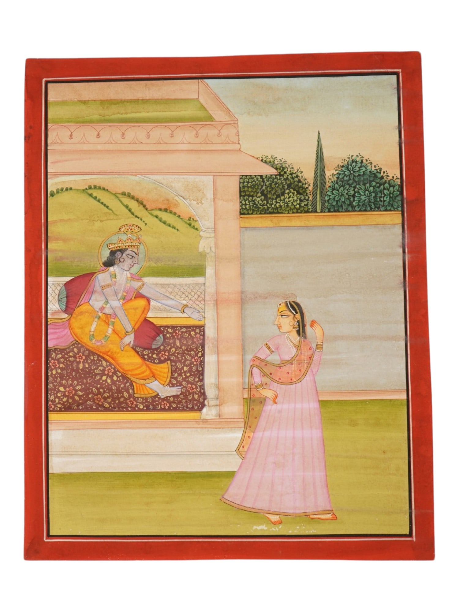 ANTIQUE INDIAN KANGRA SCHOOL MINIATURE PAINTING: An antique Indian Kangra School miniature painting, the mature and lyrical phase of Pahari painting, late 18th to early 19th century. Krishna reclines on a terrace bed, gesturing toward Radha, who tur