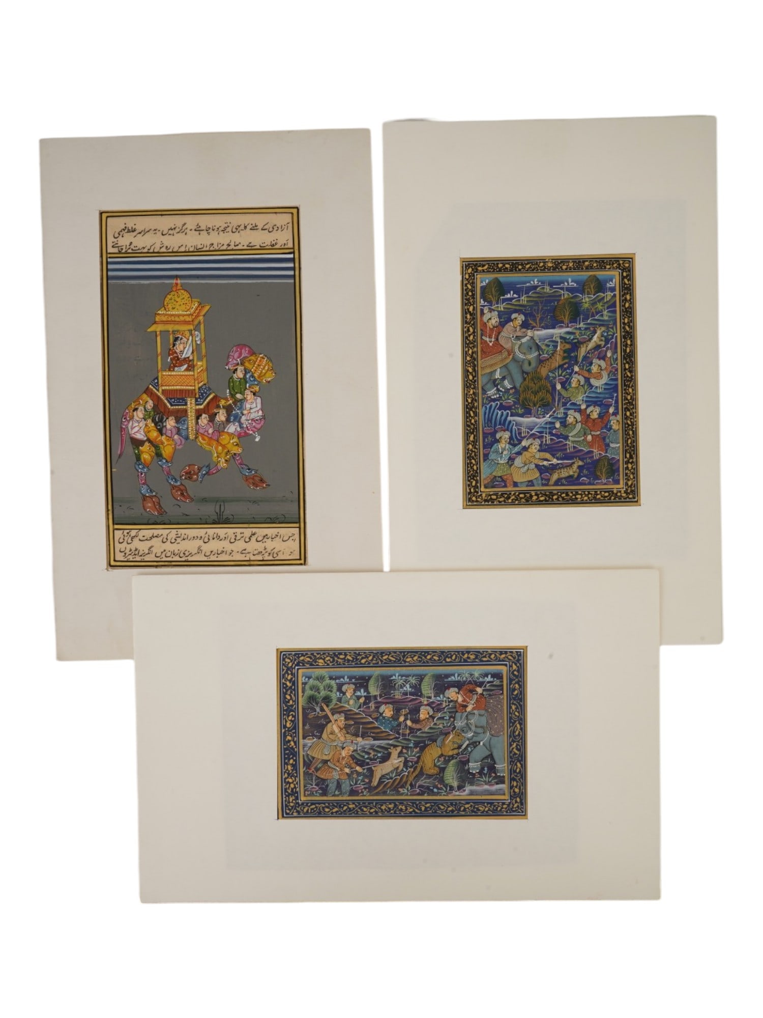 LOT OF ANTIQUE INDO PERSIAN MINATURE PAINTINGS: A set of three Indo-Persian miniature paintings, manuscript pages. Dated 18th to early 19th century. Royal procession. A pair of matching hunting scenes. Collectible Oriental Islamic Art And Decor, Mi