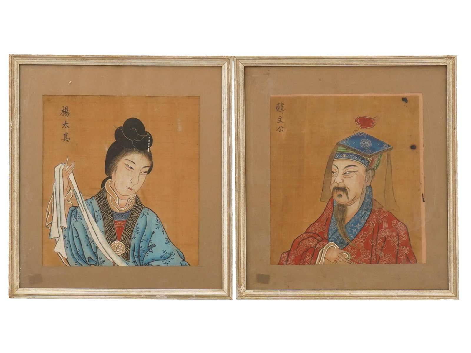 PAIR OF ANTIQUE JAPANESE PORTRAIT PAINTINGS ON SILK: A pair of antique Japanese mixed media paintings on silk depicting portraits of two famous Chinese historical figures: Han Wengong and Yang Taizhen. Circa: 1902. Each is signed with Calligraphy, upper