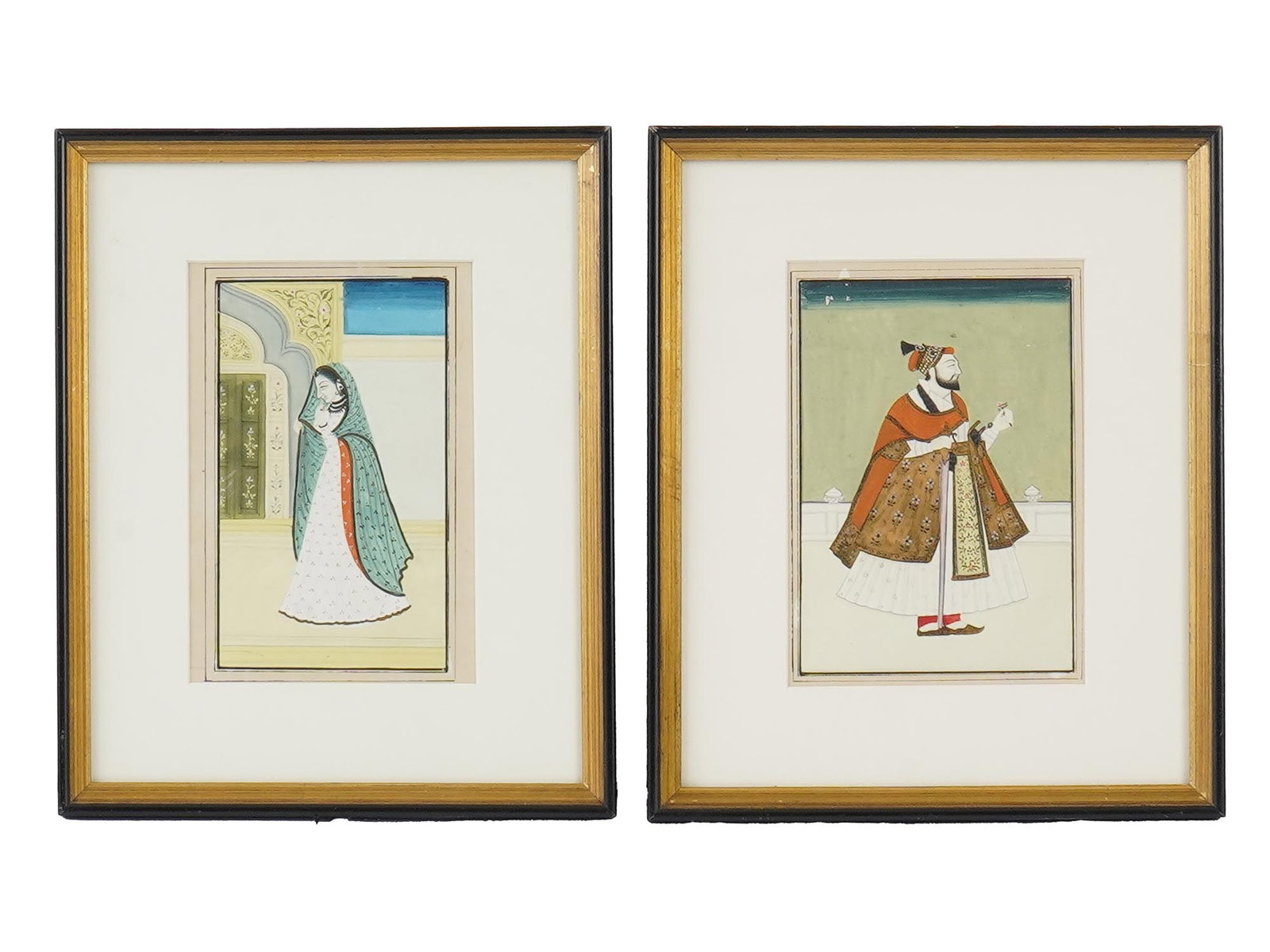 ANTIQUE INDIAN SCHOOL MINATURE PAINTINGS KING AND QUEEN: Indian School (Mughal-influenced), 19th centuryA pair of Indian miniature paintings depicting a nobleman and a lady of rank within palace settings, each shown in profile. Executed in opaque
