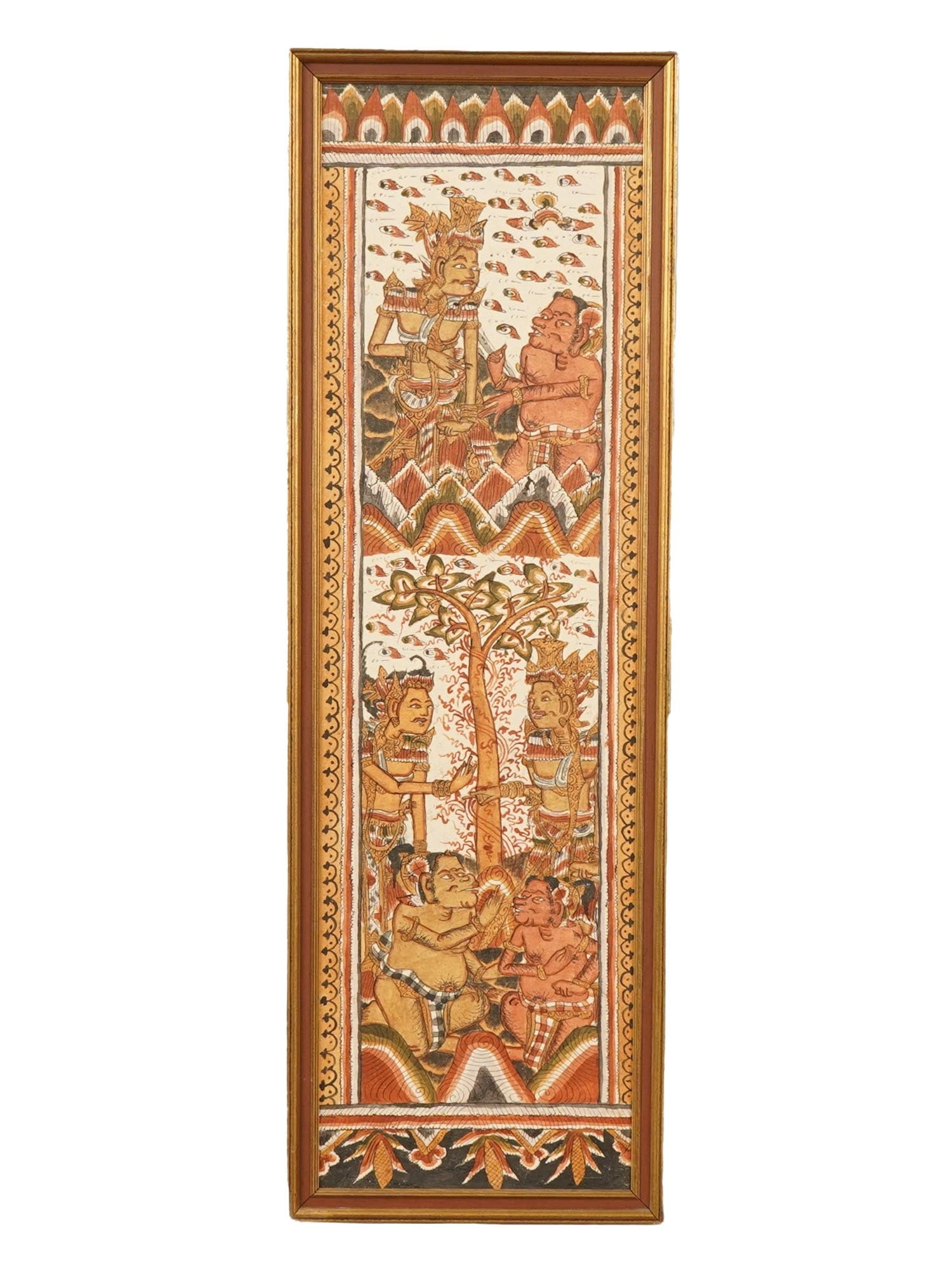 VINTAGE INDONESIAN MIXED MEDIA PAINTING ON FABRIC: A vintage Indonesian mixed-media painting on fabric, likely Balinese, featuring traditional narrative scenes divided into registers by stylized landscapes and bordered by intricate patterns, all