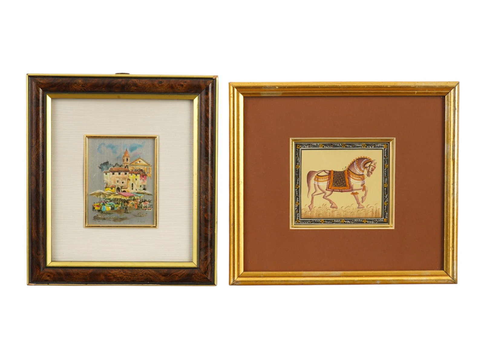 INDIAN MINIATURE PAINTING AND ART PRINT ON TIN SIGNED: A lot of two decorative artworks on tin plates. The first: a print depicting a street scene, and signed by the artist, lower right. The second: a traditional Indian Mughal-style miniature painting on
