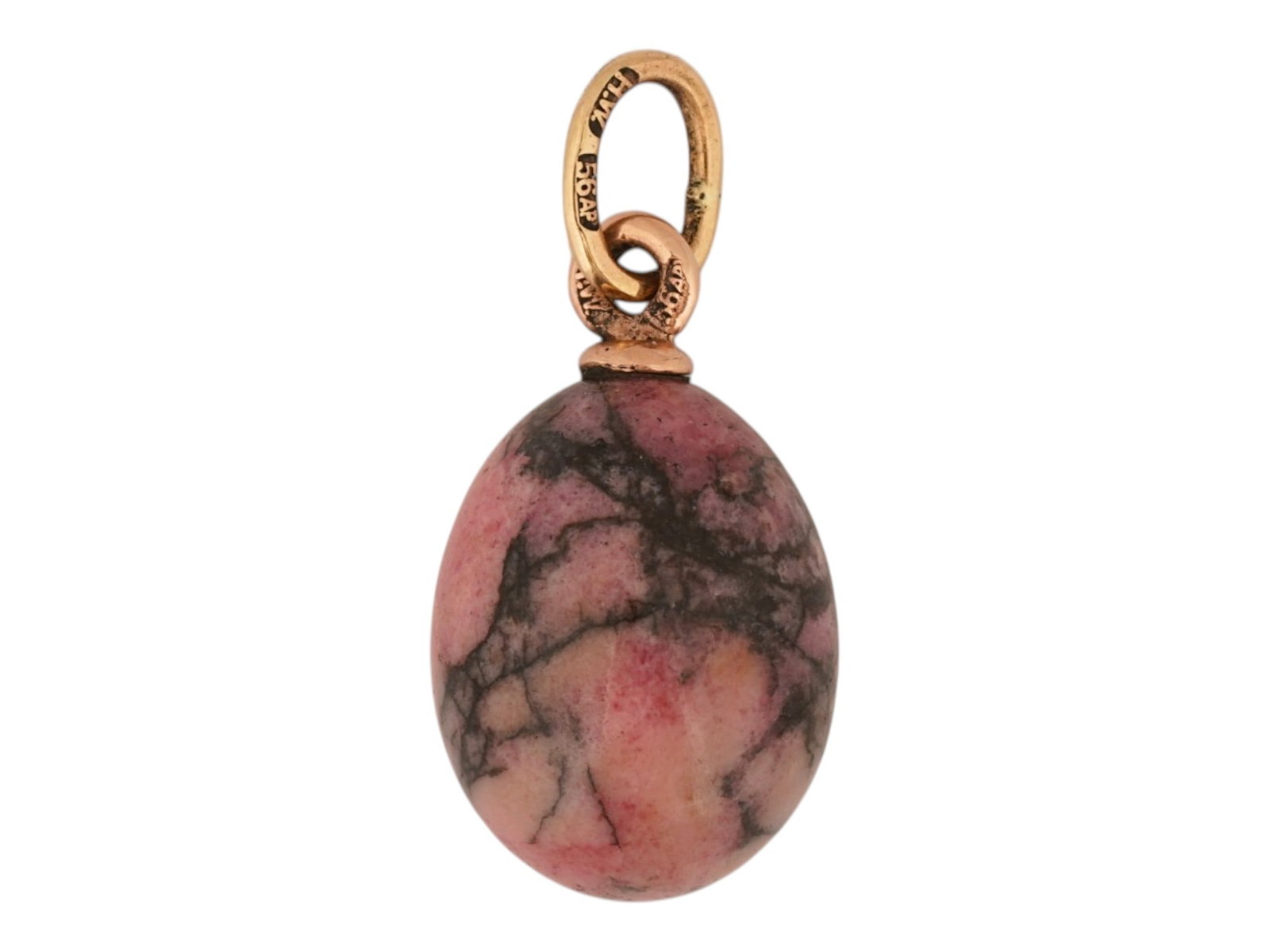 RUSSIAN 56 GOLD AND RHODONITE EASTER EGG PENDANT: A Russian carved Rhodonite Easter Egg pendant with 14K gold fittings. Hallmarks of 56 gold standard and makers mark are on the fitting ring. Russian Gold Jewelry And Gemstone Collectibles. Weight: 4.5
