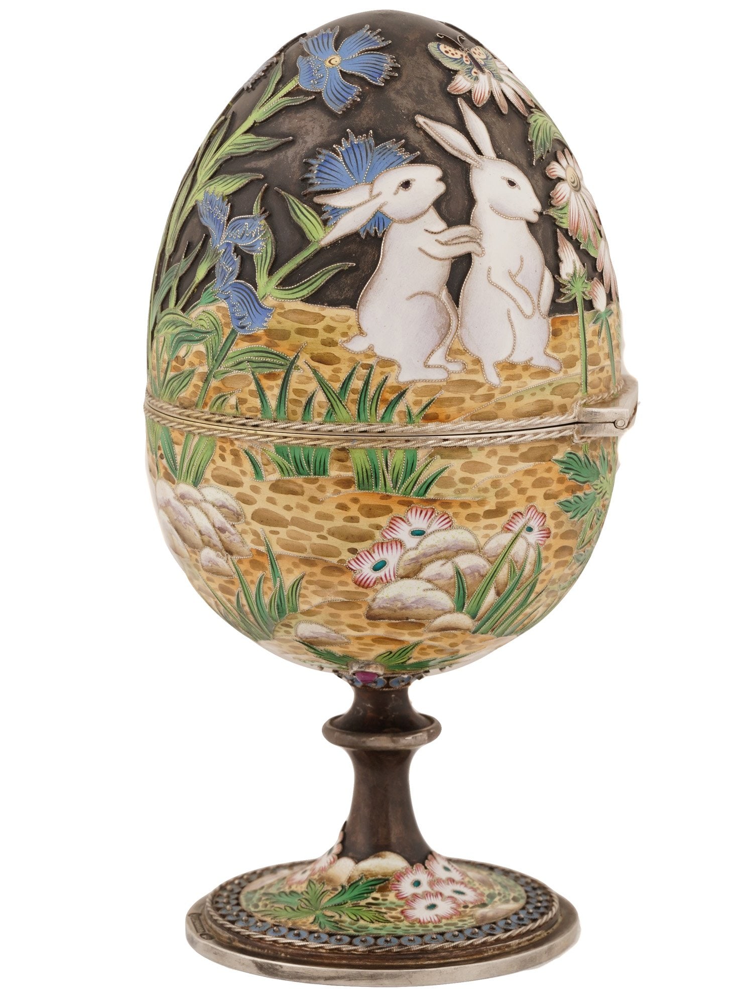 EXTRA LARGE RUSSIAN SILVER ENAMEL EASTER EGG W STAND (1 of 10)
