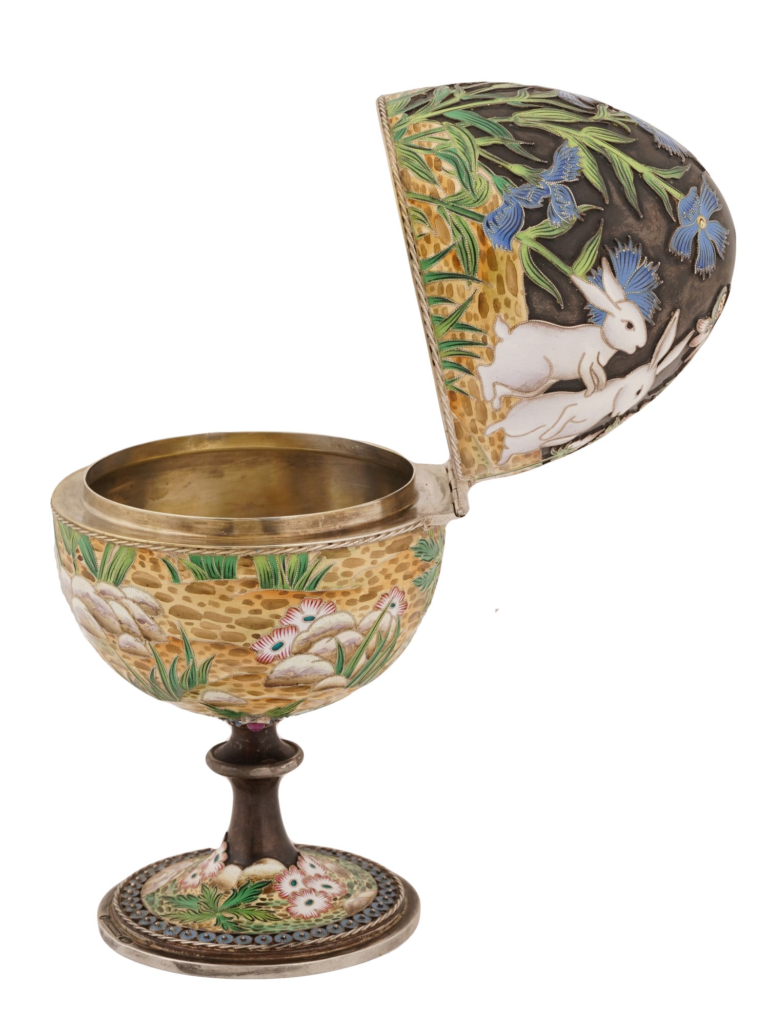 EXTRA LARGE RUSSIAN SILVER ENAMEL EASTER EGG W STAND - 2
