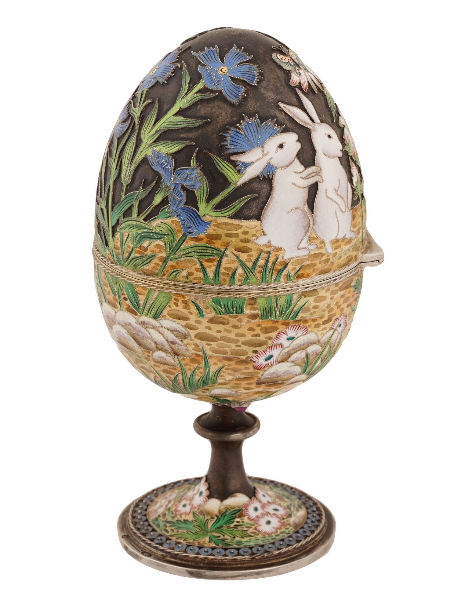 EXTRA LARGE RUSSIAN SILVER ENAMEL EASTER EGG W STAND - 3