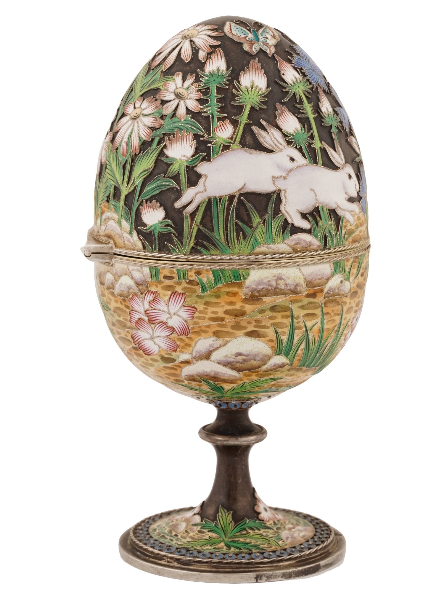 EXTRA LARGE RUSSIAN SILVER ENAMEL EASTER EGG W STAND - 4