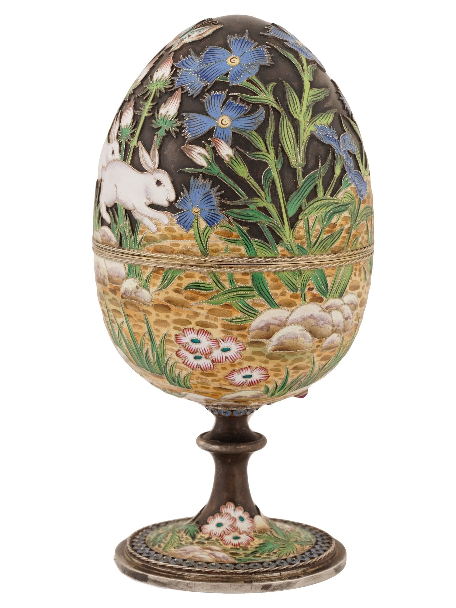 EXTRA LARGE RUSSIAN SILVER ENAMEL EASTER EGG W STAND - 5