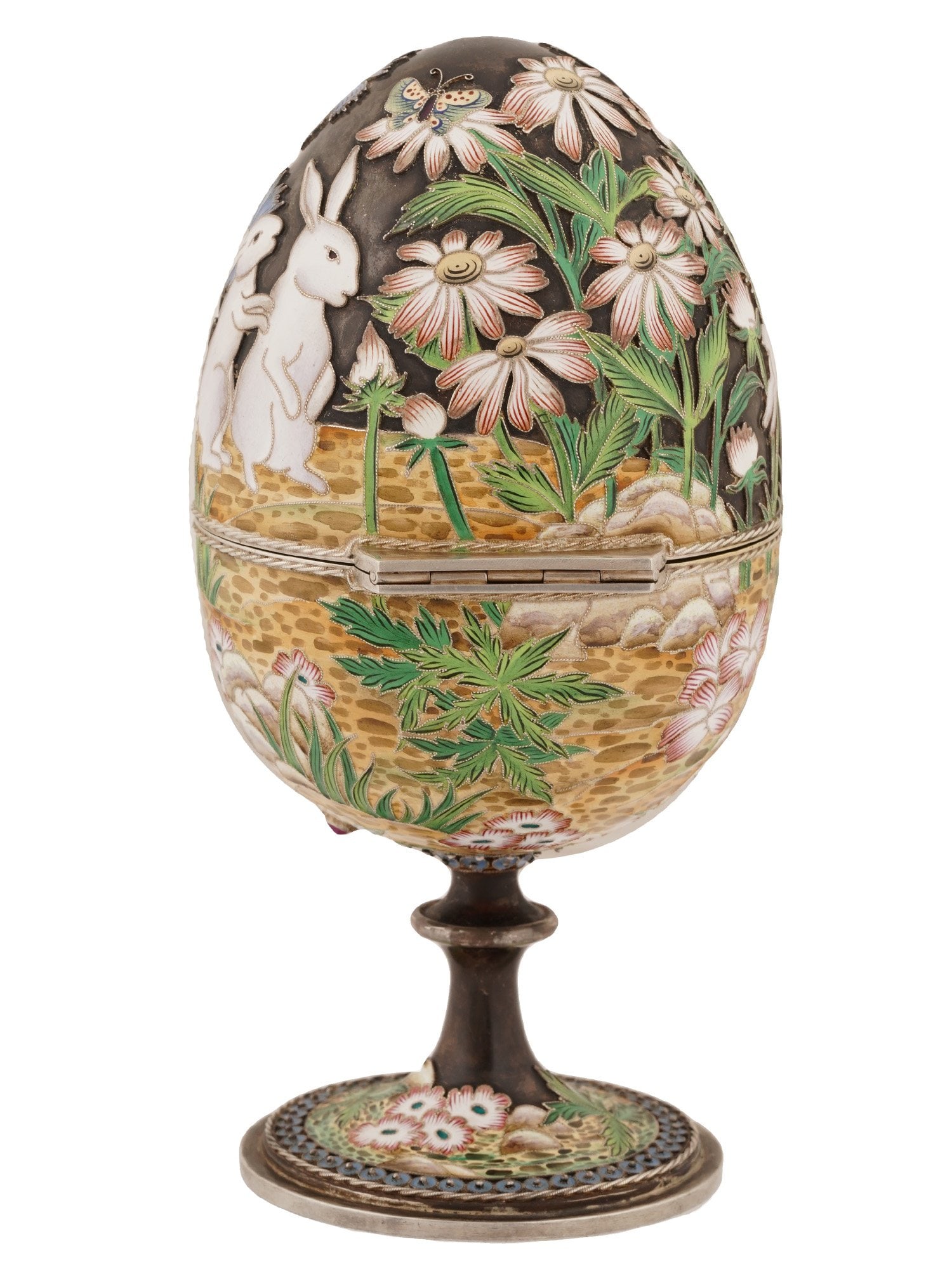 EXTRA LARGE RUSSIAN SILVER ENAMEL EASTER EGG W STAND - 6