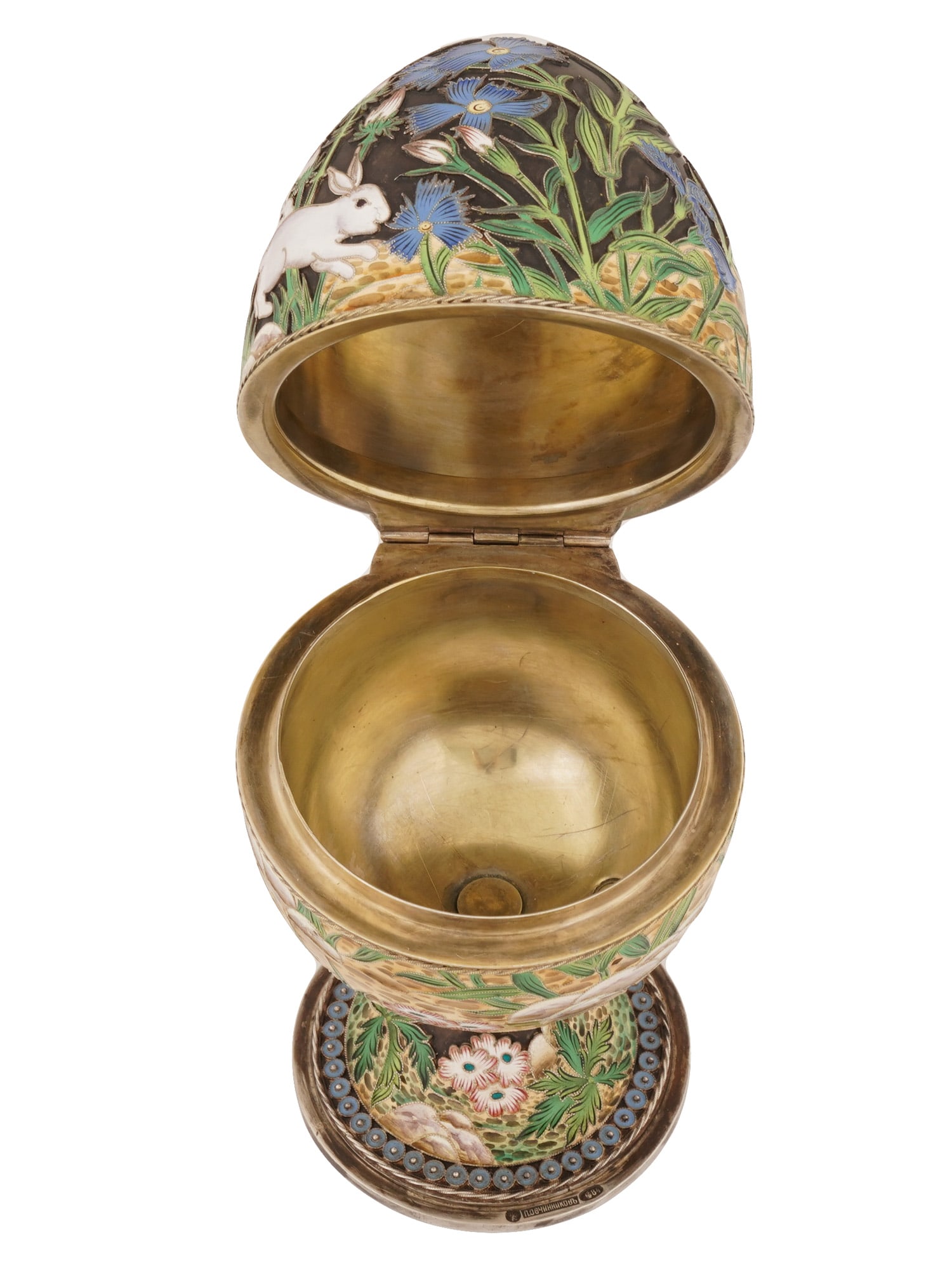 EXTRA LARGE RUSSIAN SILVER ENAMEL EASTER EGG W STAND - 7