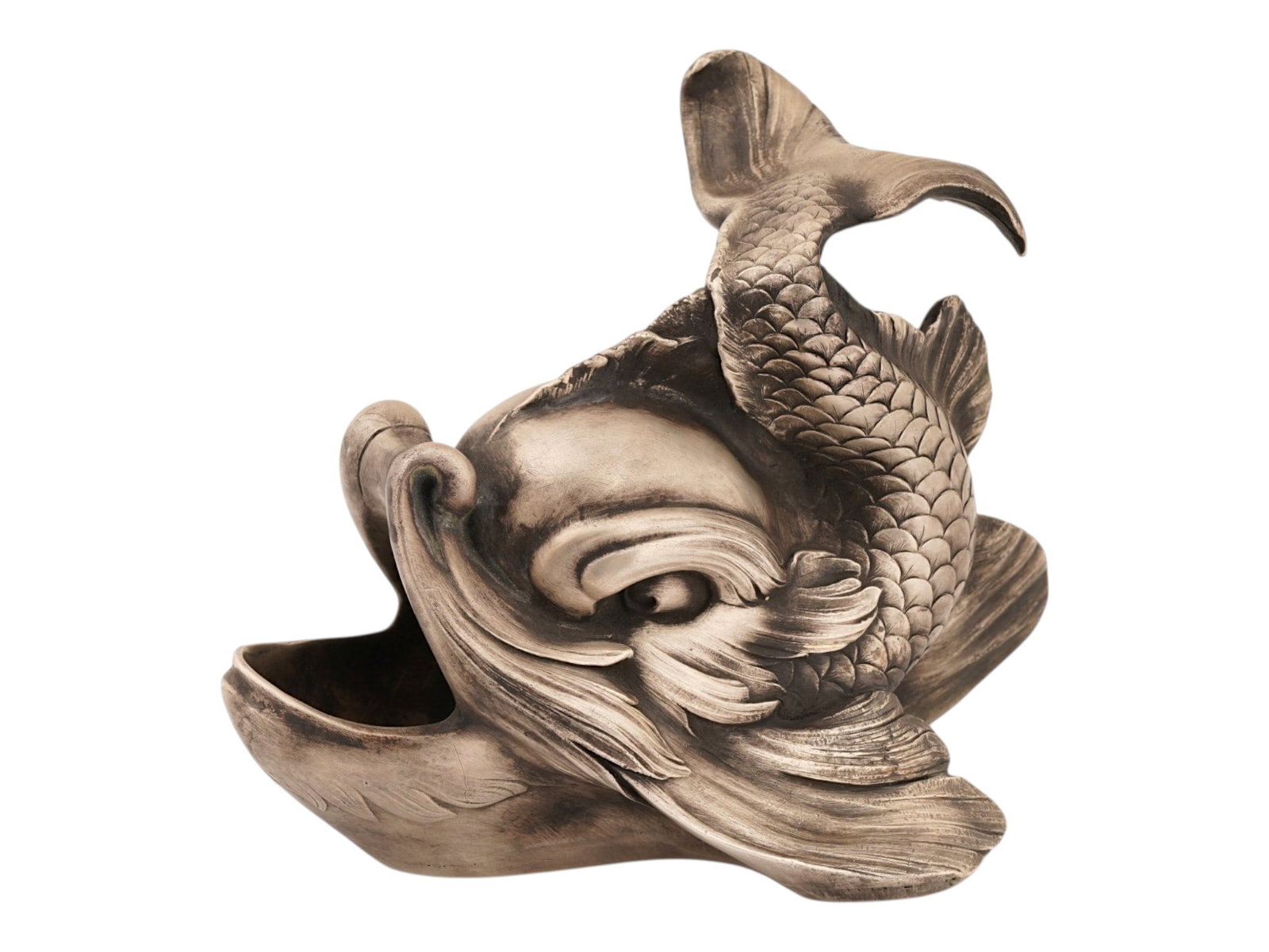 LARGE RUSSIAN SOLID SILVER DOLPHIN CAVIAR HOLDER: A large Russian figural caviar bowl made of solid silver. Modeled as a stylized dolphin with an open mouth. Hallmarked with an 88 Russian silver standard, a makers mark and other marks to the bottom.