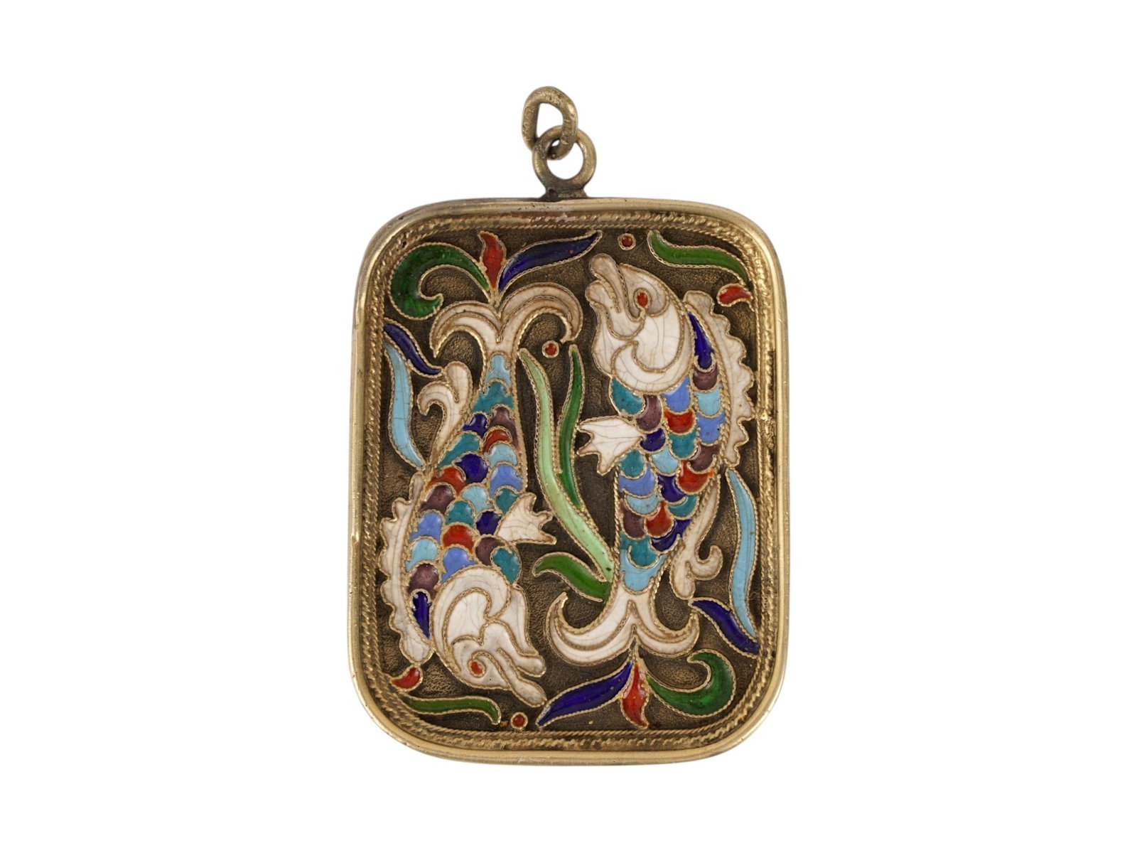 RUSSIAN GILT SILVER CLOISONNE ENAMEL PISCES PENDANT: A Russian gilt silver pendant. Rectangular piece with polychrome cloisonne enamel surface depicting the Pisces zodiac. Hallmark of 84 silver standard and makers mark are on the backside. Total Weight: