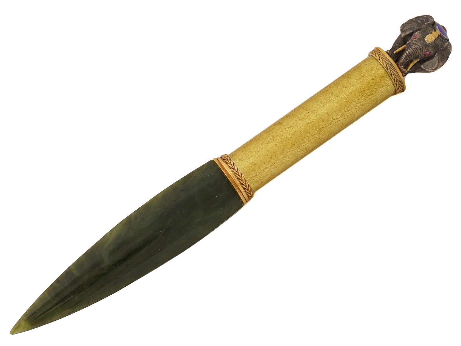 RUSSIAN SILVER ENAMEL JADE LETTER OPENER W RUBY: A Russian silver letter opener with a carved nephrite jade blade. Features a yellow guilloche enameled handle decorated with gilt silver wreaths to the edge and ricasso. The top is crowned with an