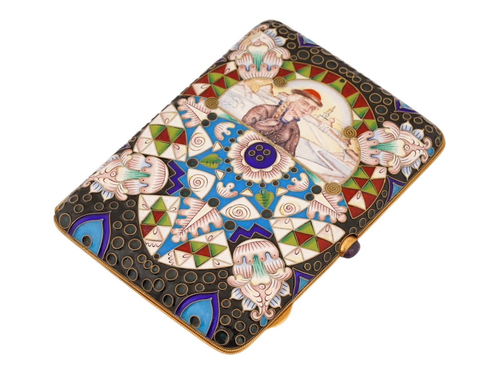 RUSSIAN GILT SILVER ENAMEL CIGARETTE CASE W MINIATURE: A Russian gilt-silver cloisonne enamel cigarette case. The lid features a miniature painting of a boyaryshnya in traditional dress against a snowy Russian landscape, surrounded by vibrant Neo-Russian 