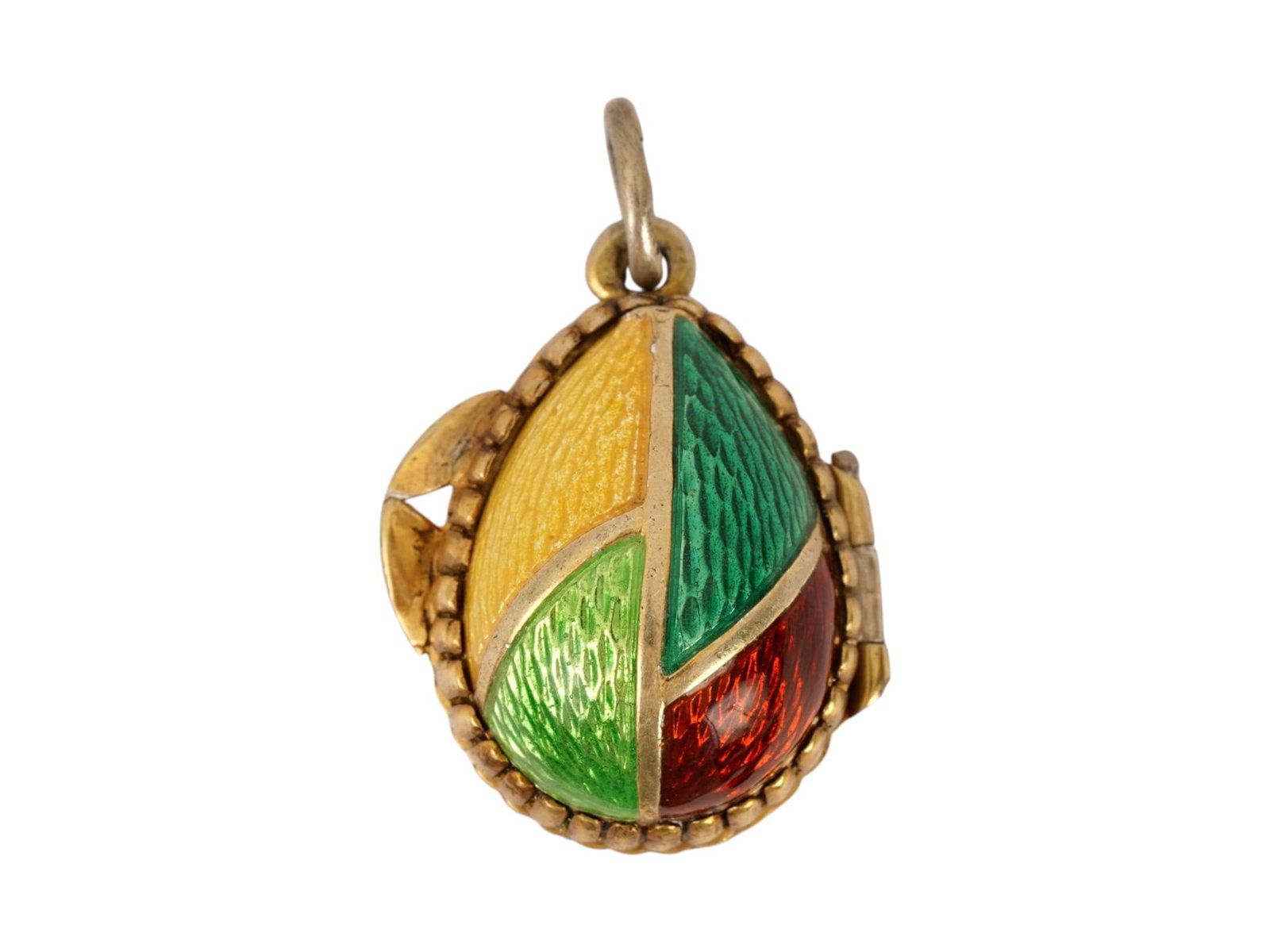 RUSSIAN 84 SILVER ENAMEL LOCKET EASTER EGG PENDANT: A Russian 84 silver gilt Easter egg locket pendant, featuring a four color guilloche enamel exterior. The surface is divided into quadrants of translucent yellow, emerald green, lime green, and deep r