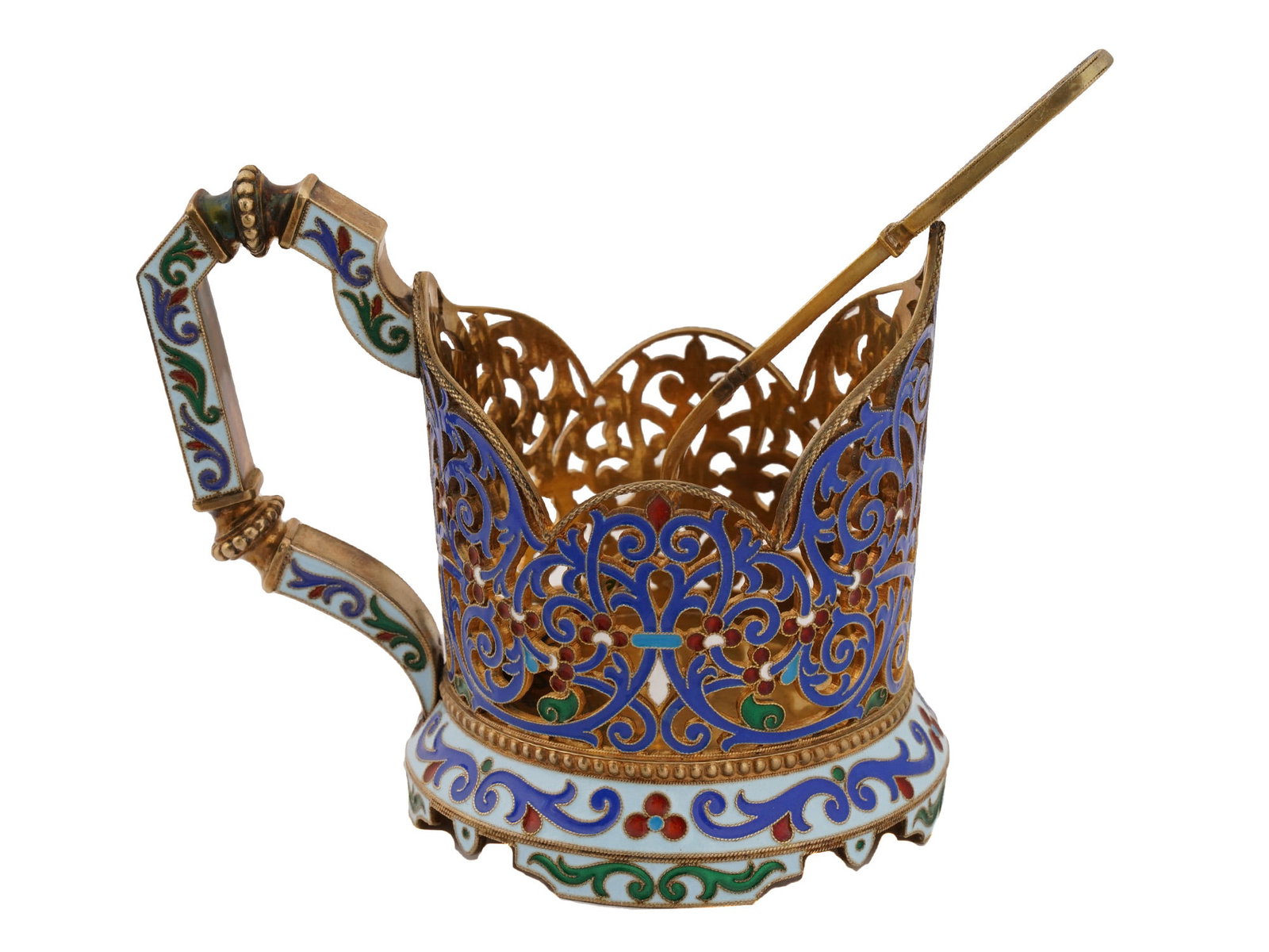 RUSSIAN SILVER CLOISONNE ENAMEL TEA GLASS HOLDER: A Russian gilt silver footed and handled tea glass holder or podstakannik. Polychrome floral cloisonne enamel decor and openwork. The piece comes with a matching teaspoon. Hallmark of 84 silver