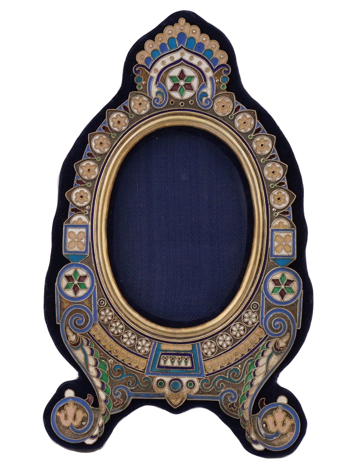 RUSSIAN GILT SILVER CLOISONNE ENAMEL PICTURE FRAME: A Russian gilt silver standing picture frame. Polychrome cloisonne enamel decor. Oval picture hole. Blue velvet backing. Hallmark of 84 silver standard and makers mark are on the front. Total Weight: