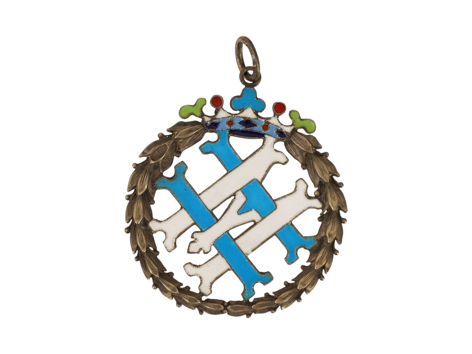 RUSSIAN 88 SILVER ENAMEL IMPERIAL MONOGRAM PENDANT: A Russian 88 silver and enamel Imperial pendant. The pendant is adorned with an Imperial monogram of Grand Duke Nikolai Mikhailovich, 1859 to 1919, featuring a relief laurel wreath to the edge, a crow
