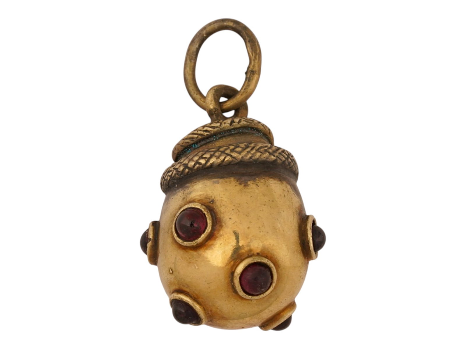 RUSSIAN GILT SILVER SNAKE EASTER EGG PENDANT GEMSTONES: A Russian gilt silver Easter Egg pendant. The egg is set with gemstones and adorned with an engraved figurine of a snake wrapped around the jewelry. Hallmarked with the 88 silver standard and makers