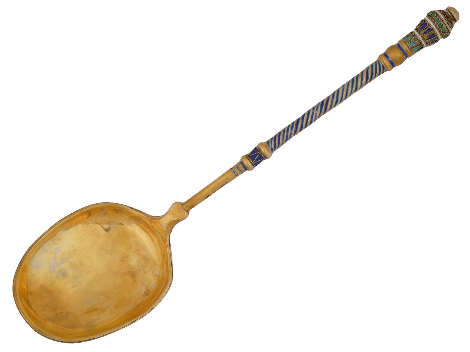 LARGE RUSSIAN GILT SILVER ENAMEL SERVING SPOON: A Russian gilt-silver serving spoon featuring a large pear-shaped bowl decorated in polychrome cloisonne enamel with scrolling foliate, geometric, and floral motifs. The barley-twist handle is