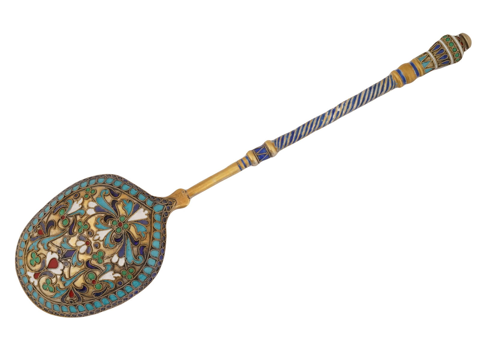 LARGE RUSSIAN GILT SILVER ENAMEL SERVING SPOON - 2