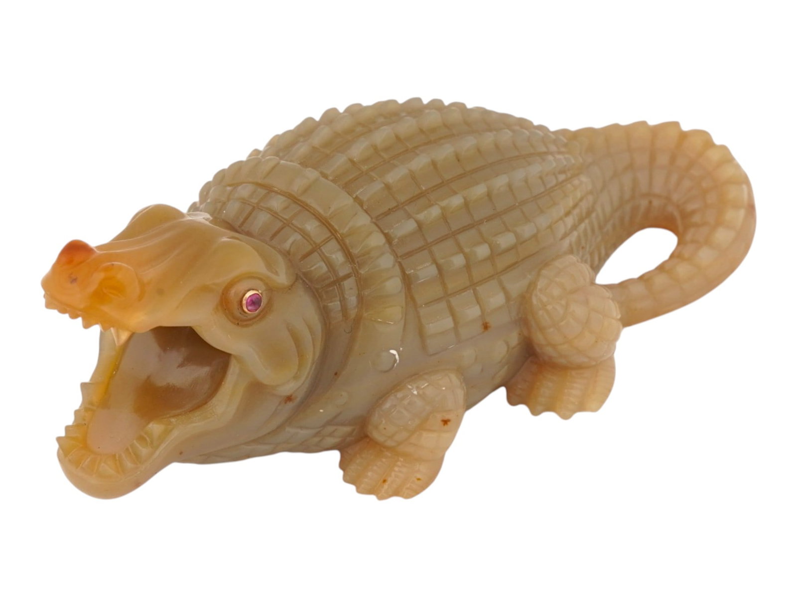 RUSSIAN CARVED AGATE GOLD RUBY CROCODILE FIGURINE: A Russian hand carved Agate figurine of a crocodile. The eyes of the figure are set with Ruby cabochons in Gold fittings. The figurine is engraved with detailed patterns. Collectibles, Russian