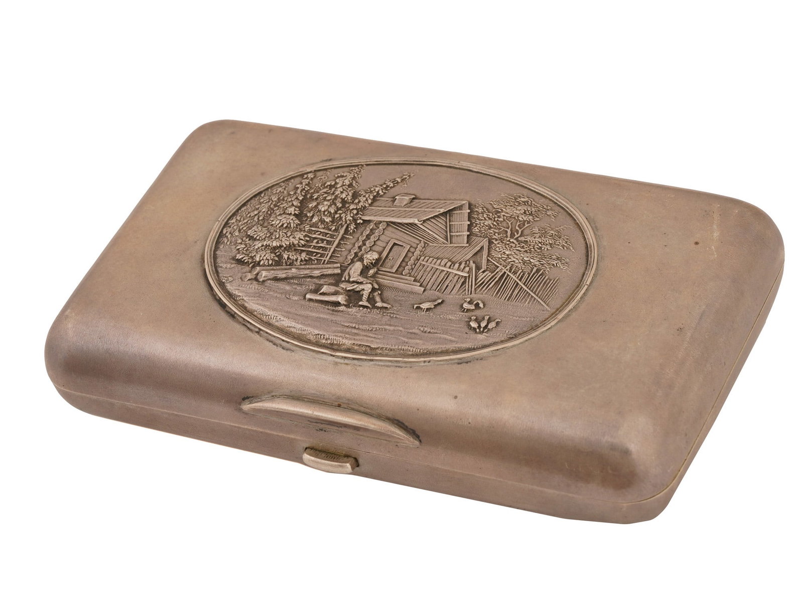 RUSSIAN SILVER CIGARETTE CASE W PEASANT SMOKING A PIPE (1 of 13)
