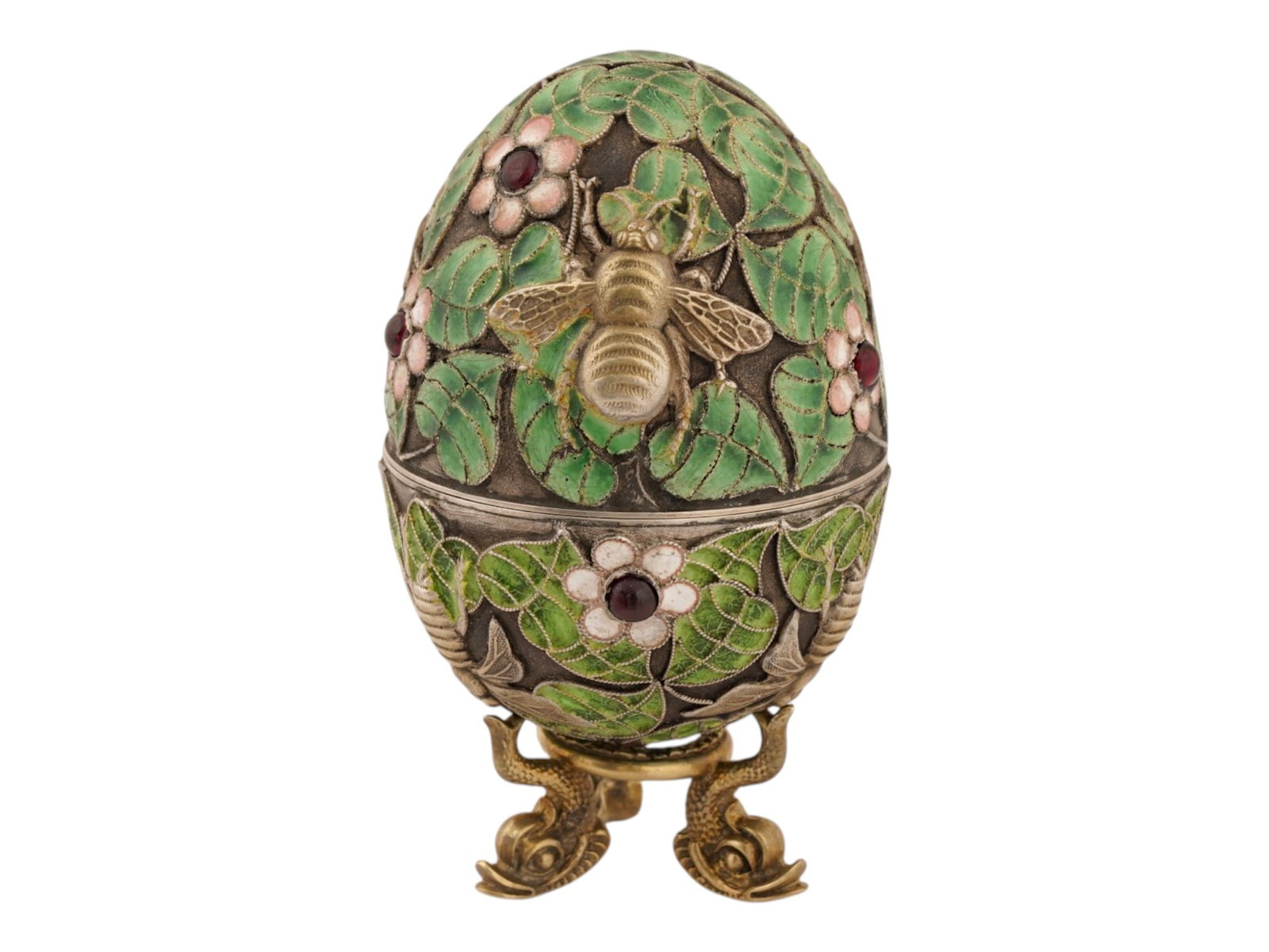 RUSSIAN GILT SILVER ENAMEL EASTER EGG BOX W GEMSTONES - 2