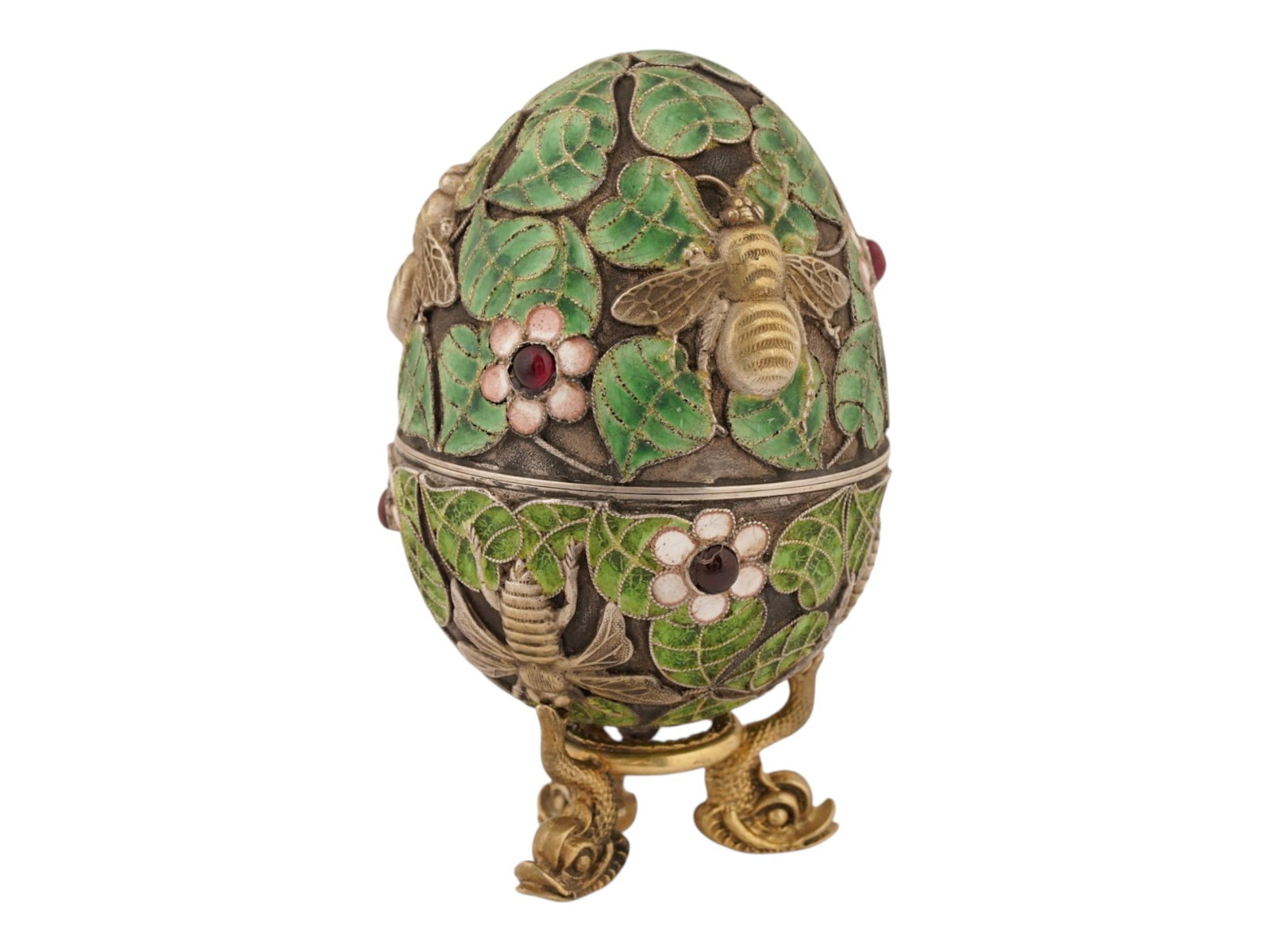 RUSSIAN GILT SILVER ENAMEL EASTER EGG BOX W GEMSTONES - 3