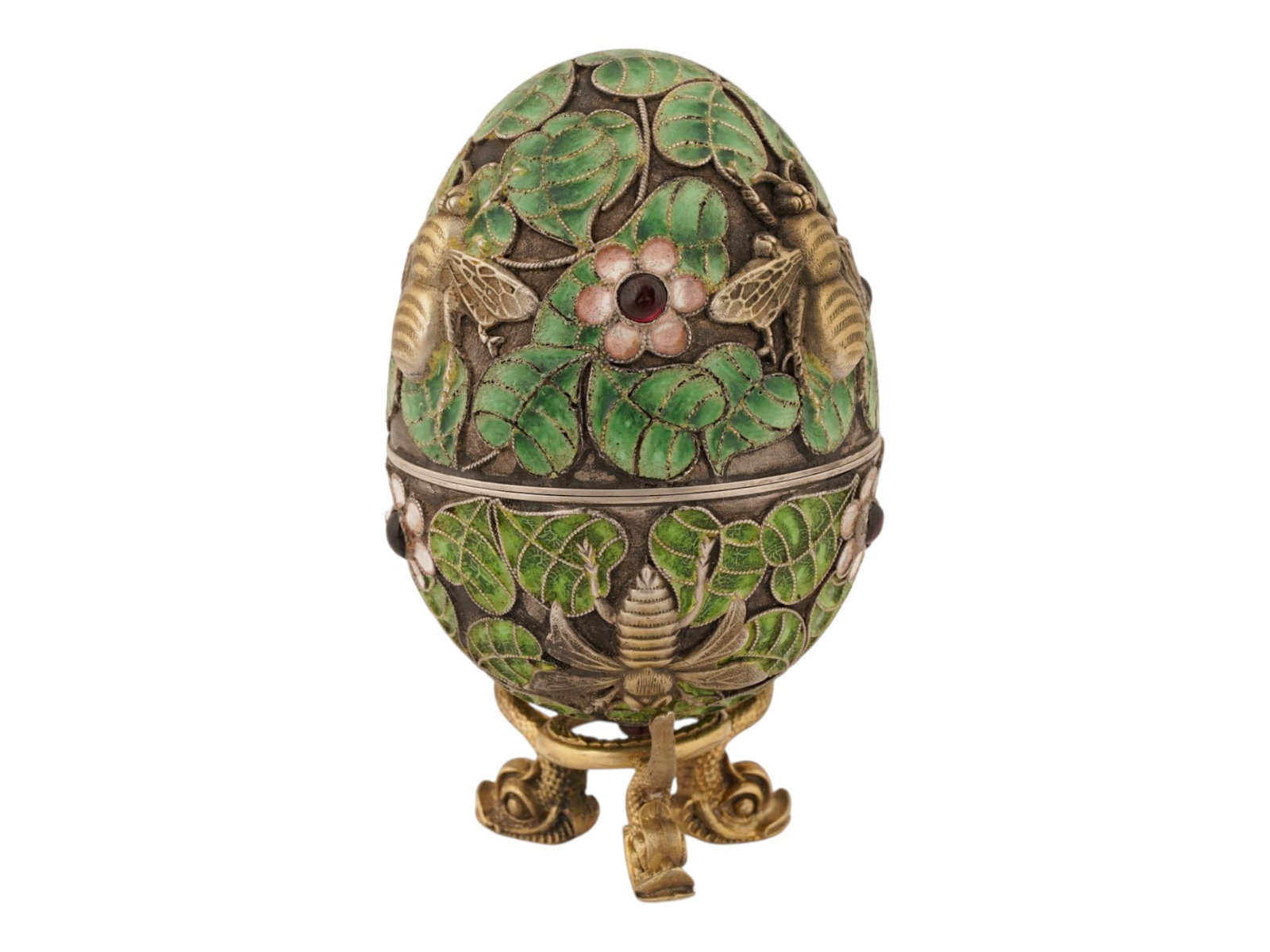 RUSSIAN GILT SILVER ENAMEL EASTER EGG BOX W GEMSTONES - 4