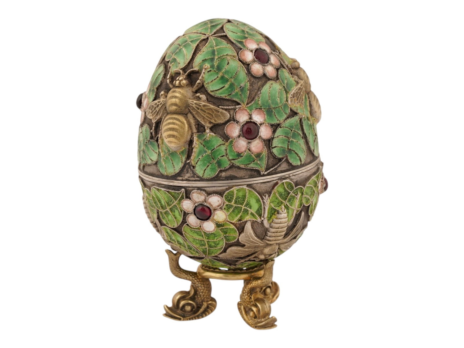 RUSSIAN GILT SILVER ENAMEL EASTER EGG BOX W GEMSTONES - 5