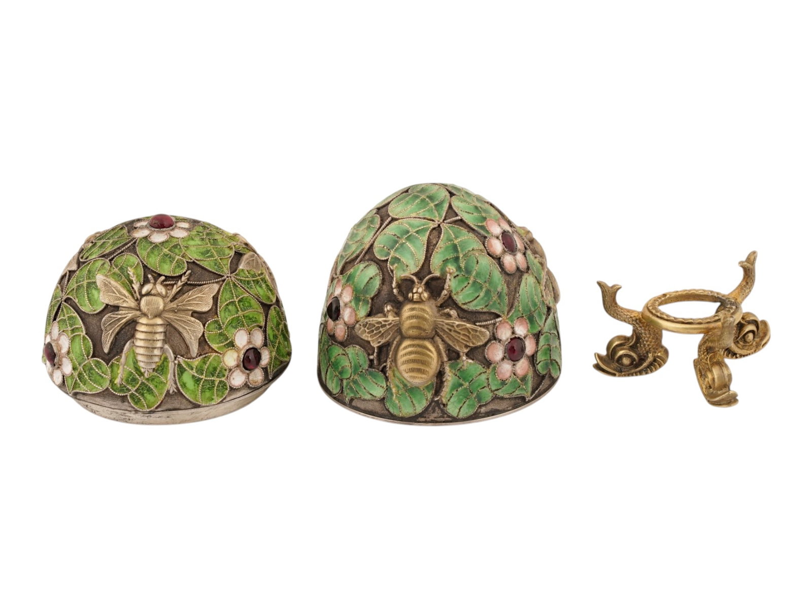 RUSSIAN GILT SILVER ENAMEL EASTER EGG BOX W GEMSTONES - 6