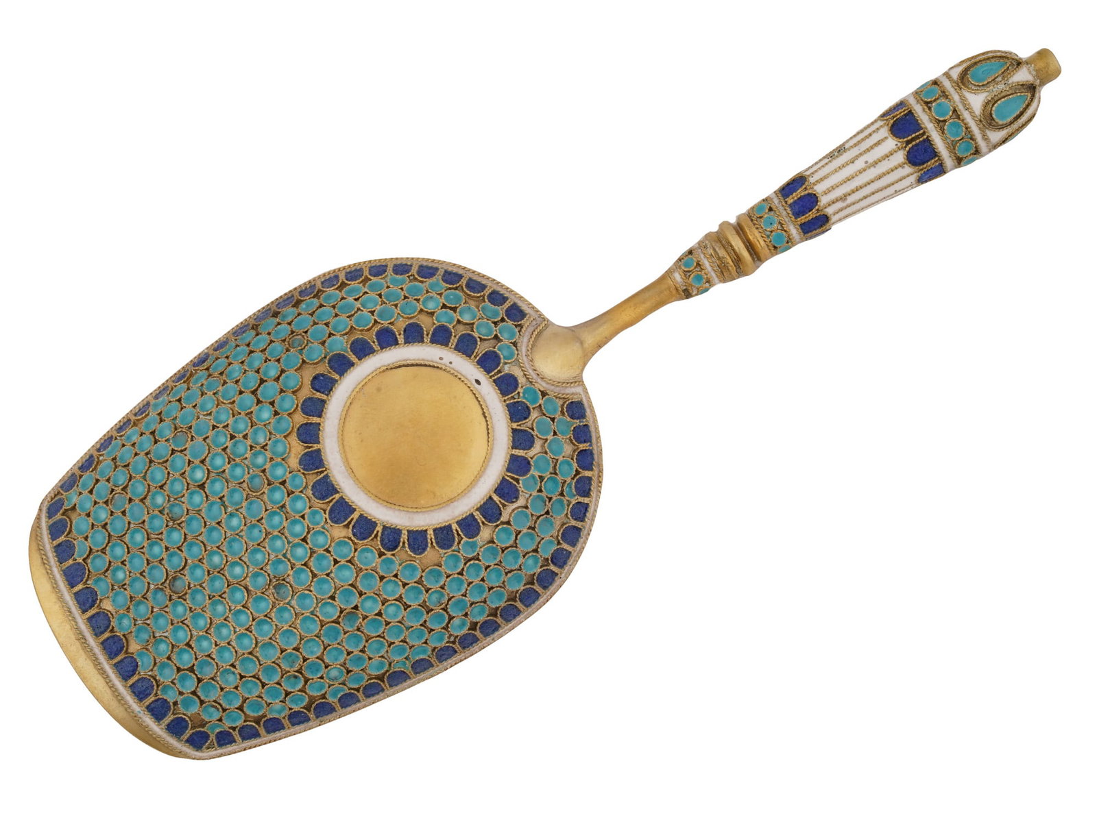 RUSSIAN 88 SILVER AND CLOISONNE ENAMEL SUGAR SPOON: A Russian 88 Silver and enamel sugar spoon. A bowl is adorned with polychrome enamel scaly and geometrical patterns made in the Cloisonne technique. A handle is adorned with geometrical, circular,