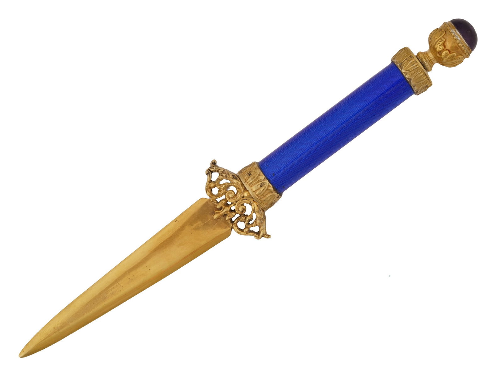 RUSSIAN SILVER ENAMEL LETTER OPENER W AMETHYST GEMSTONE: A Russian 84 gilt Silver paper knife or letter opener in the manner of a Roman gladius sword. The handle is covered with blue guilloche enamel featuring gilt Silver acanthus and laurel decorations. A