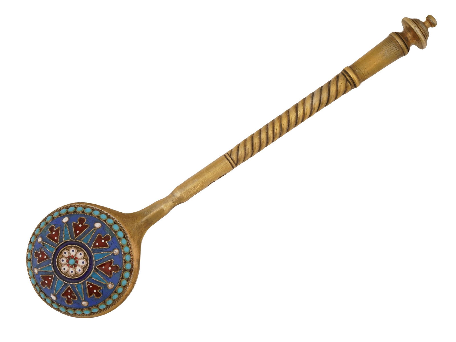 RUSSIAN 84 SILVER CLOISONNE ENAMEL SERVING SPOON: A Russian 84 gilt silver and enamel serving spoon. A gold wash bowl. The reverse surface of the spoon is embellished with polychrome circular, scrollwork, and geometrical patterns made in the