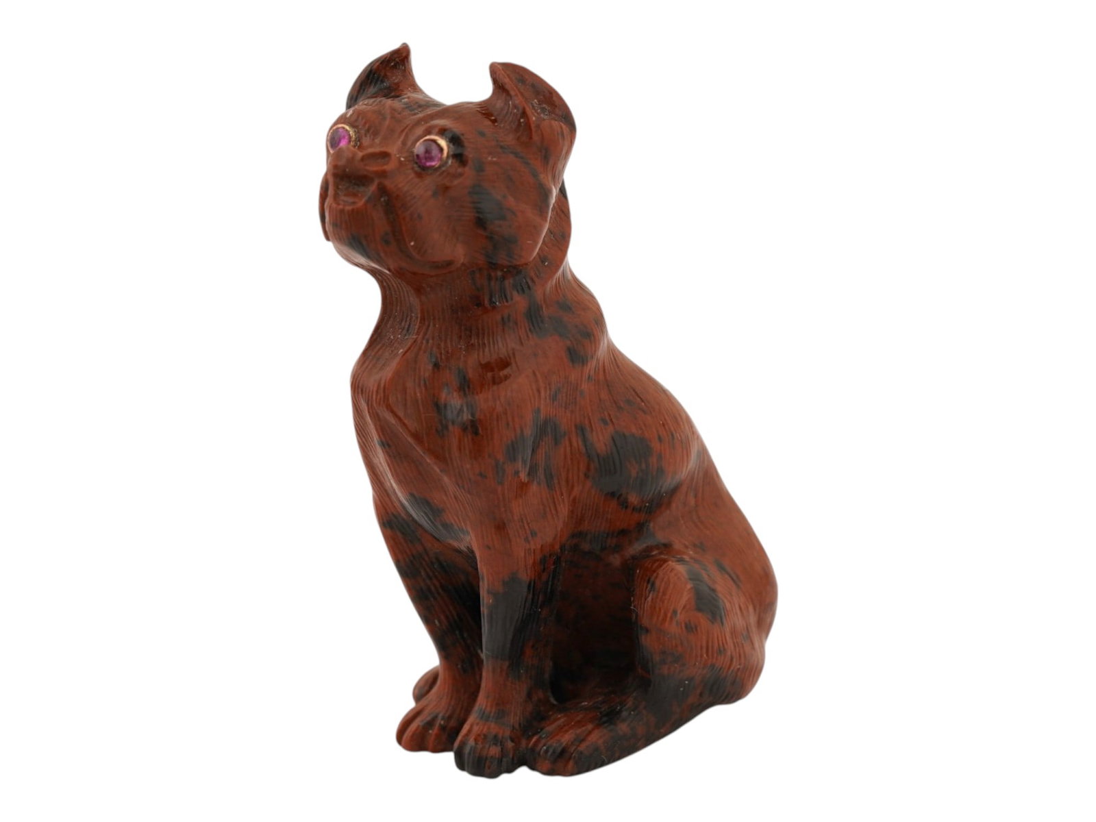 RUSSIAN OBSIDIAN BULLDOG FIGURINE W GOLD AND RUBY EYES: A Russian carved Obsidian figurine depicting a British bulldog, showcasing remarkable detail and craftsmanship. The figure is set with Ruby stone eyes in Gold fittings. Russian Animal Figurines And