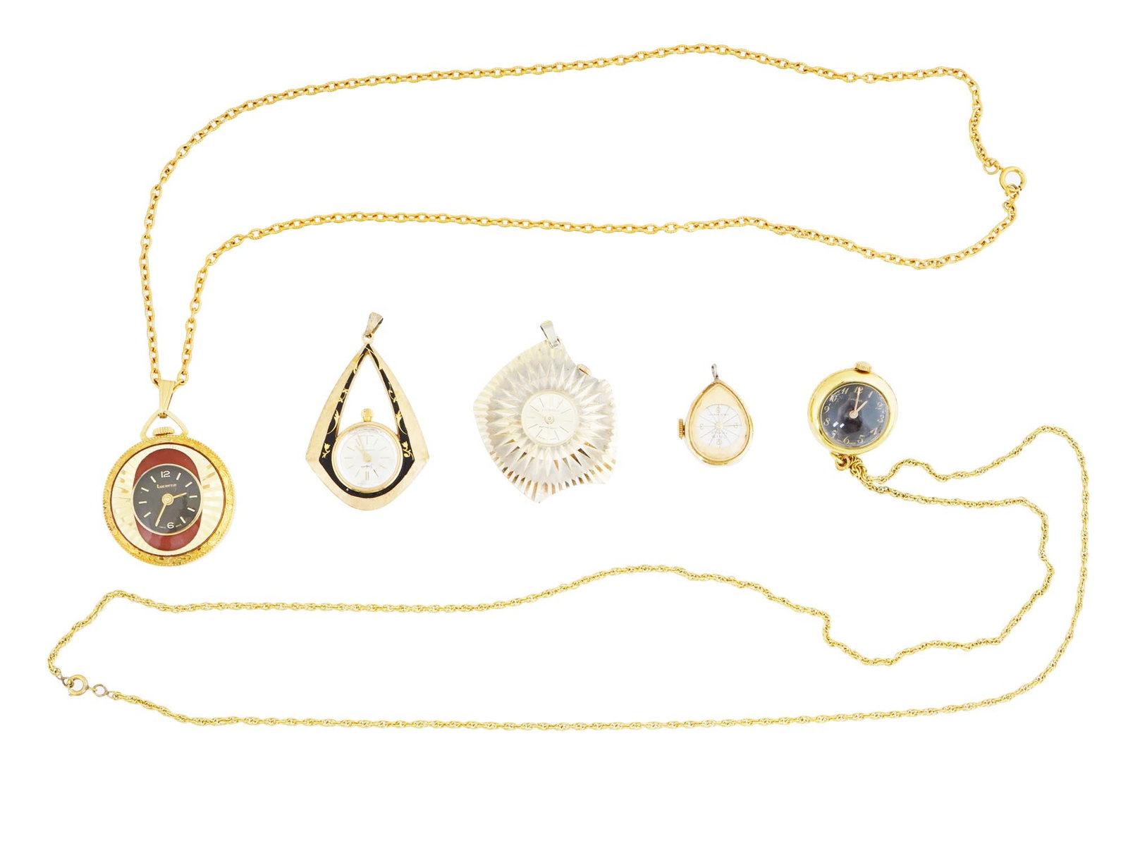 LOT OF 5 MECHANICAL SWISS PENDANT WATCHES: A lot of five antique Swiss mechanical pendant watches. Each watch is gold toned and features a different design. They are displayed with their accompanying chains, which are also gold toned. The