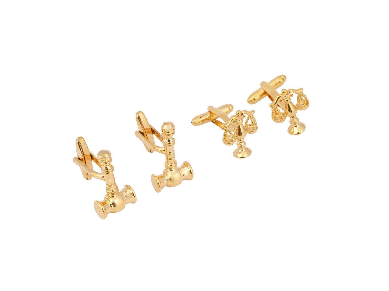 LOT OF GOLD TONE FIGURAL COSTUME JEWELRY CUFFLINKS: A lot of two pairs of cufflinks made in a judicial figural design. The gold tone wares is made in scales and gavel designs. Unmarked. Vintage Ladies Costume Jewelry Wares and Accessories For