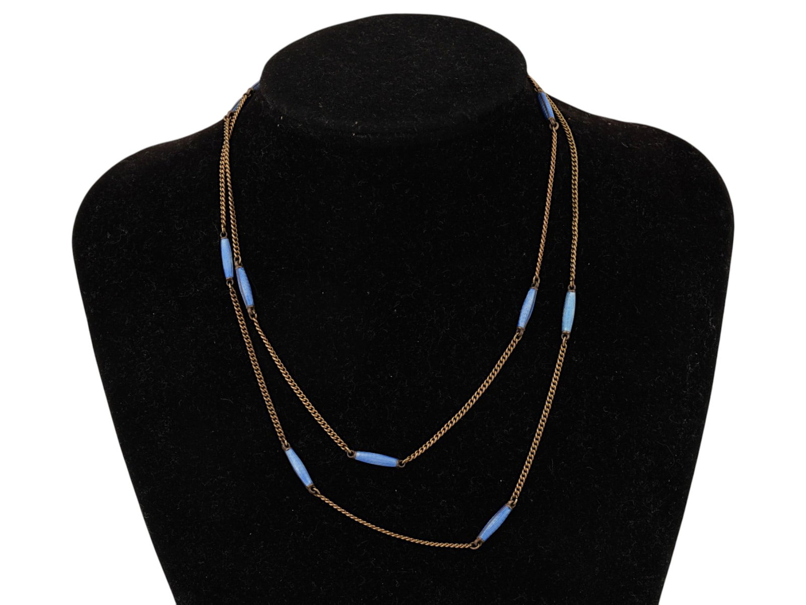 LONG VINTAGE CHAIN NECKLACE W BLUE ELEMENTS MARKED - 3