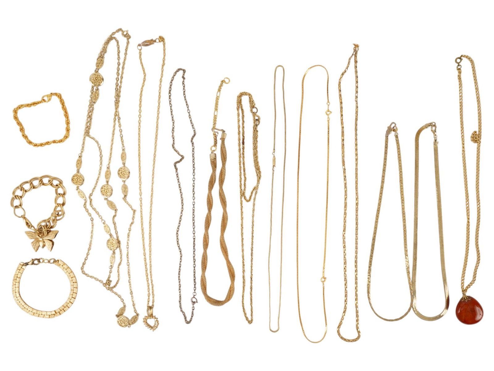 COLLECTION OF ASSORTED COSTUME JEWELRY PIECES: A collection of assorted costume jewelry wares featuring various gold toned metal finishes and designs. The collection includes several necklaces in diverse chain styles such as snake and link