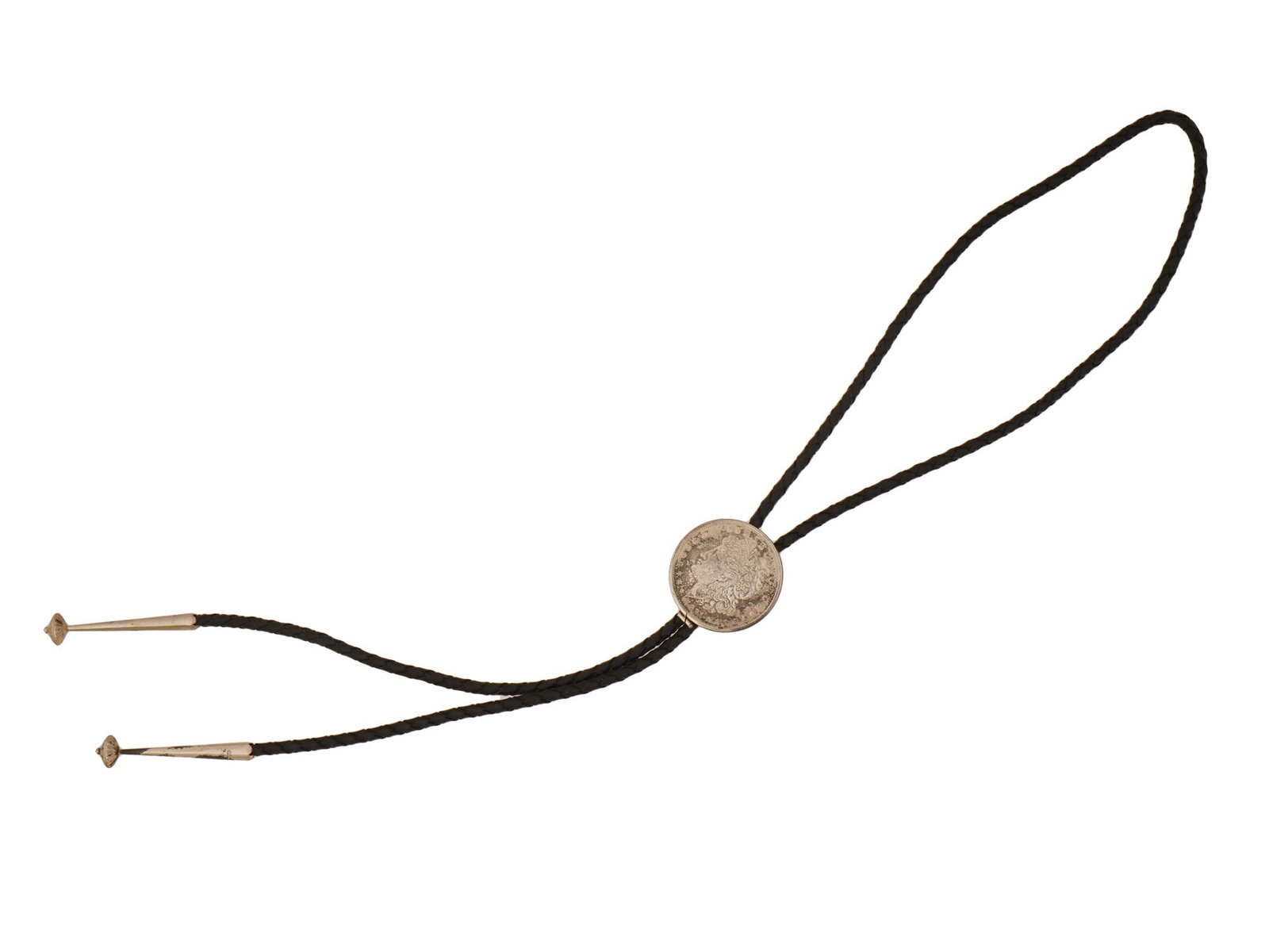 VTG SOUTHWESTERN BOLO TIE W 1921 MORGAN SILVER DOLLAR: A vintage Southwestern bolo tie featuring a 1921 Morgan Silver Dollar mounted in a recessed coin bezel. The final-year Morgan dollar serves as the centerpiece of the slide, paired with a braided black