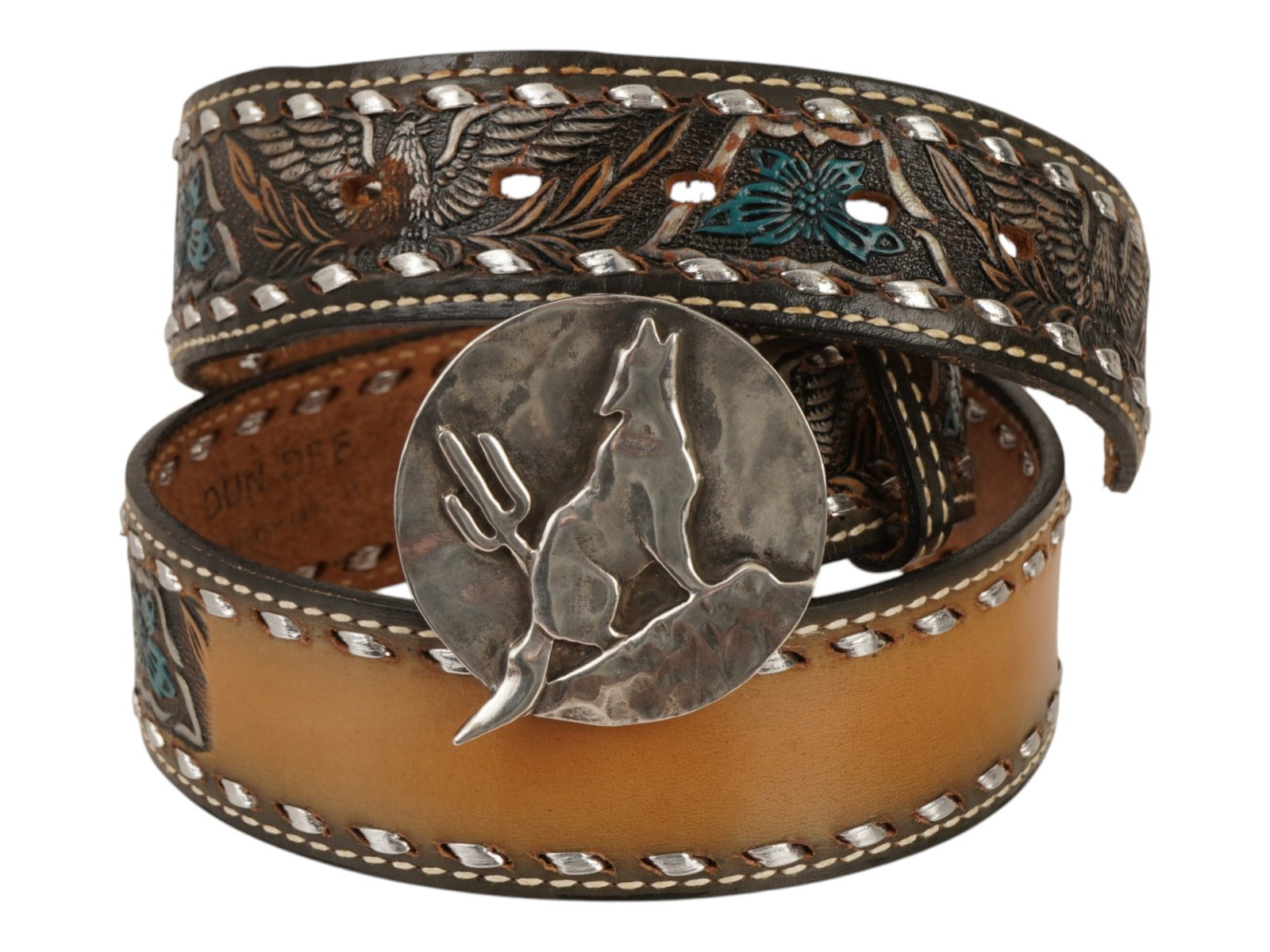 WESTERN SILVER BELT BUCKLE W TOOLED LEATHER BELT (1 of 9)