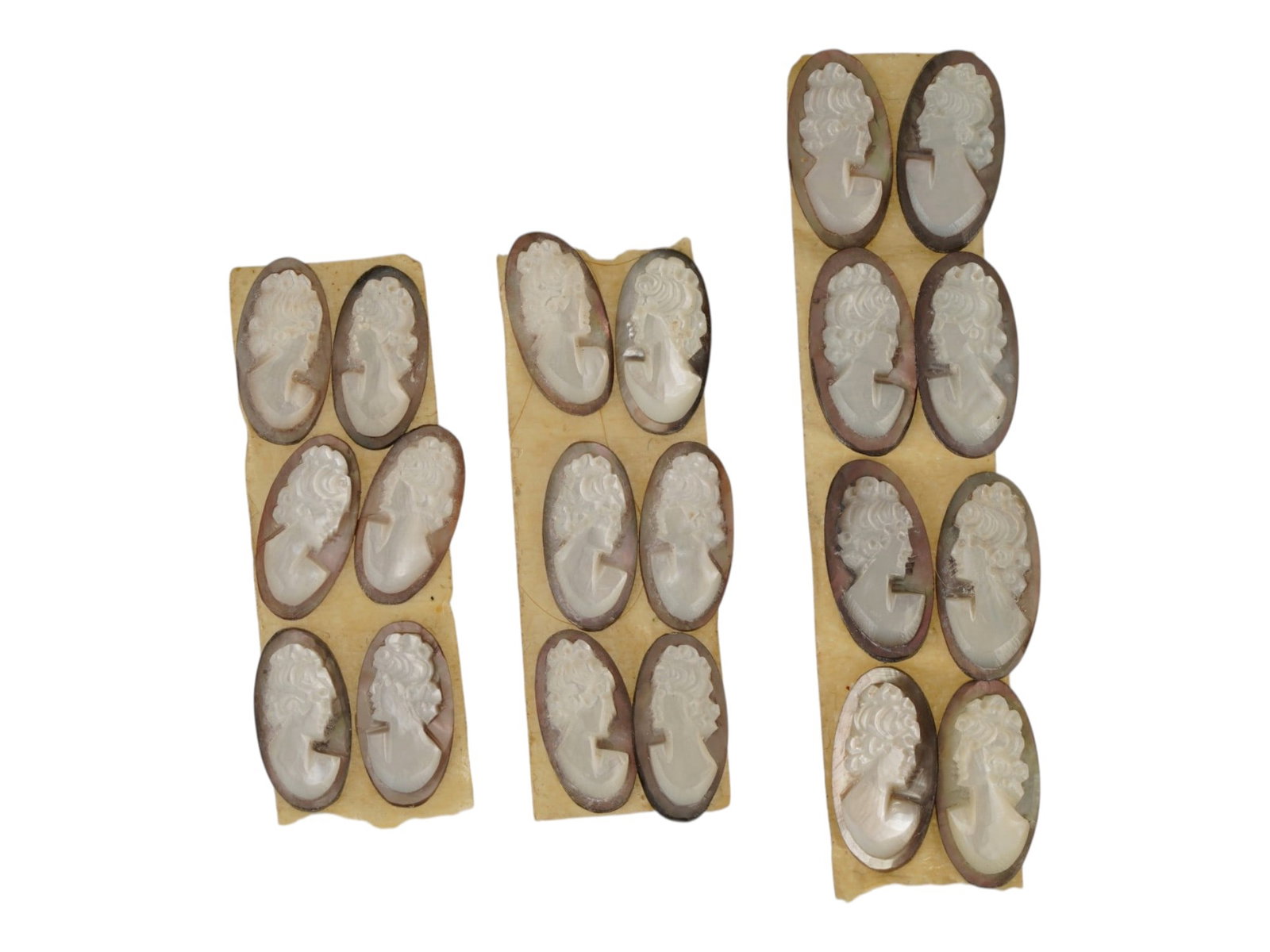 COLLECTION OF FEMALE PORTRAIT CARVED SHELL CAMEOS: A collection of hand carved conch shell cameos. A total of 20 items. Each piece features female profile portraits rendered in high relief. Oval shape. Collectible Jewelry And Glyptic Art, Sculpture. T